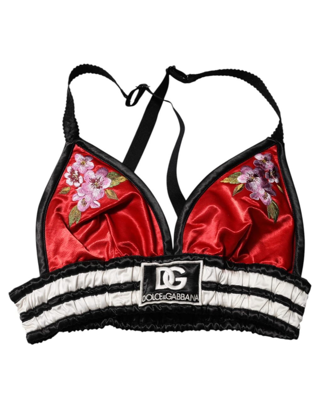 Dolce & Gabbana Red Floral Embroidered Satin Bralette Crop Top