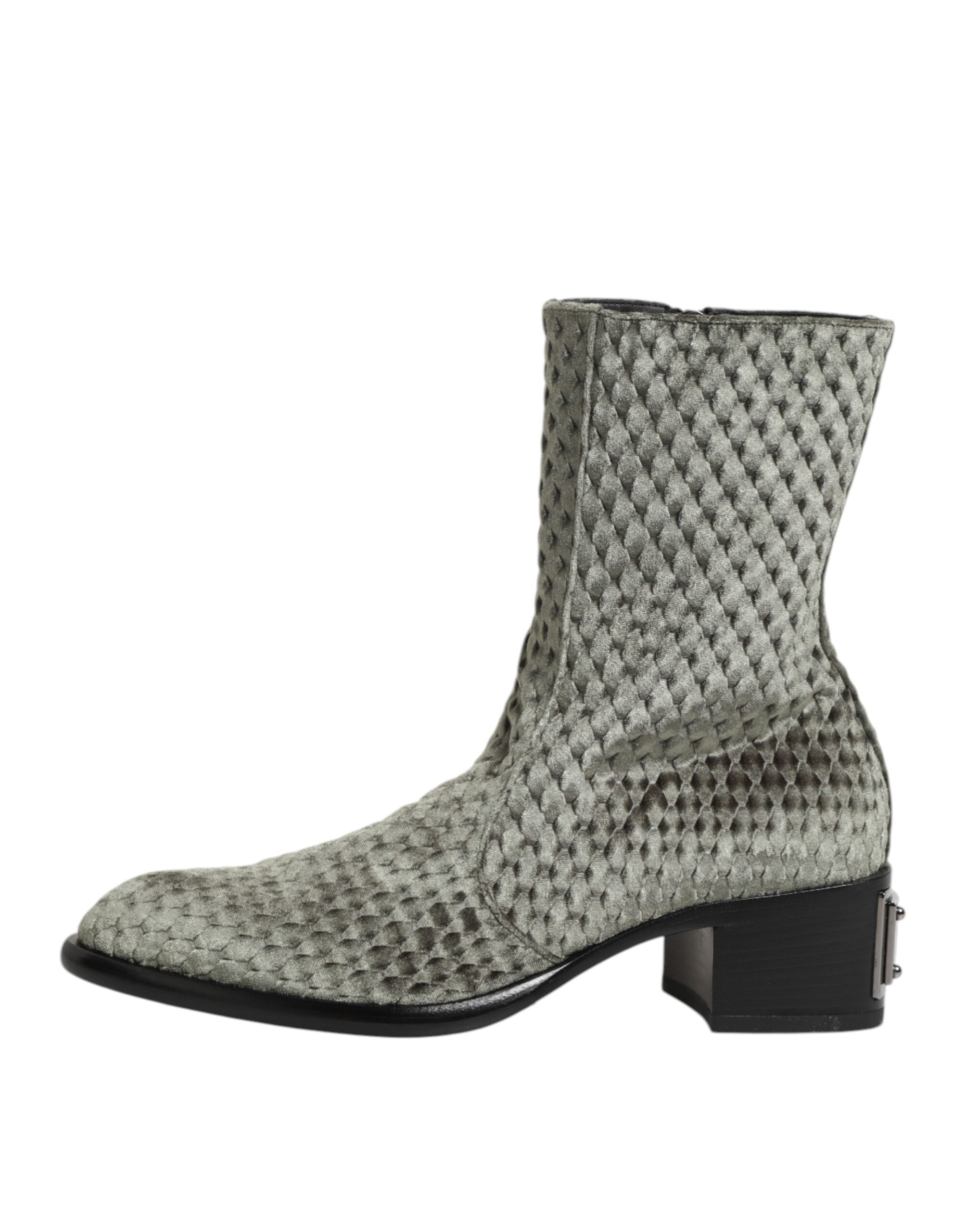 Dolce & Gabbana Graue Baumwolle Samt Mid Calf Kurze Stiefel Schuhe