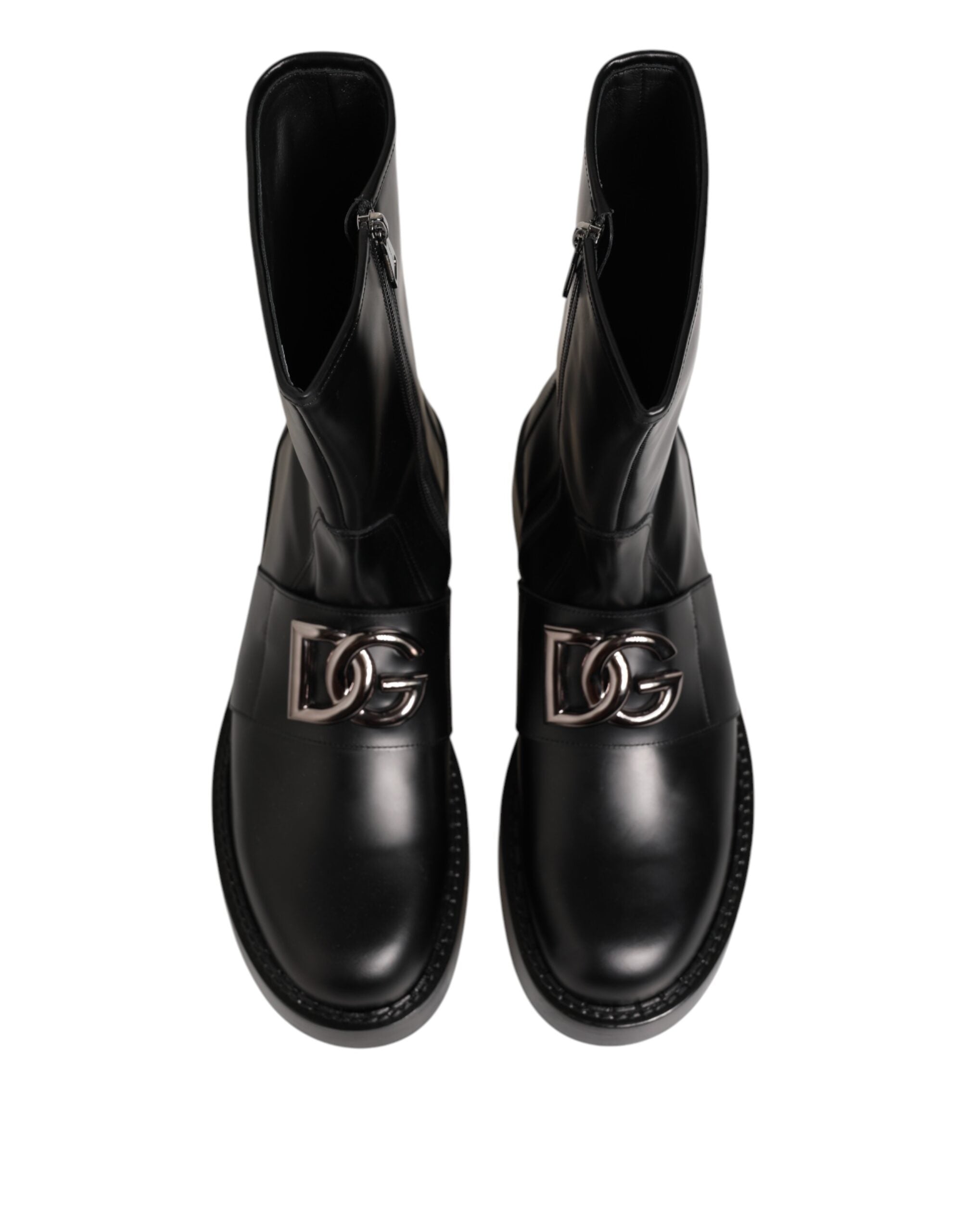 Dolce & Gabbana Schwarze Logo-Plakette Mid Calf Biker Boots Schuhe