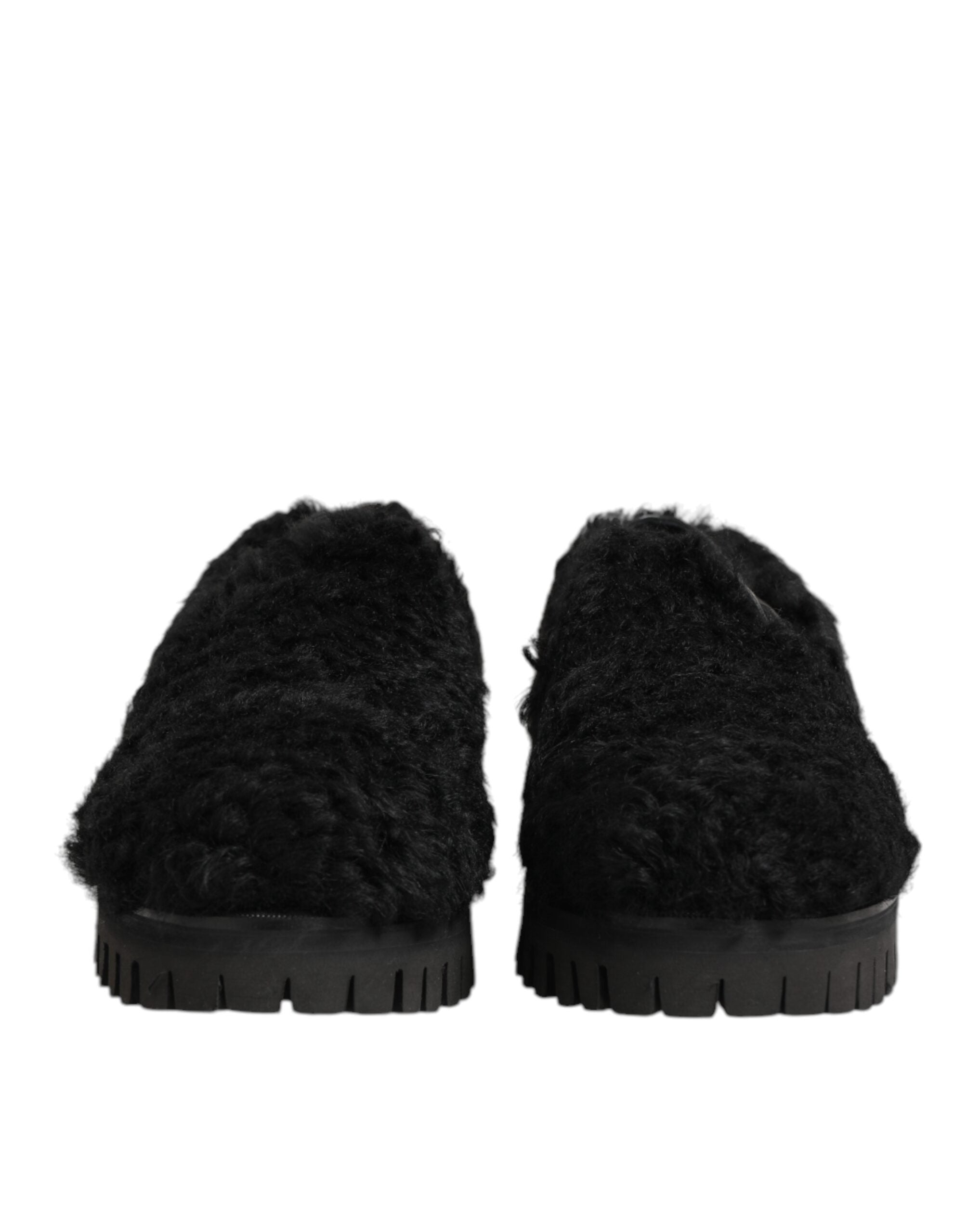 Dolce & Gabbana Dress Black Fur Leather Slippers Men's Shoes