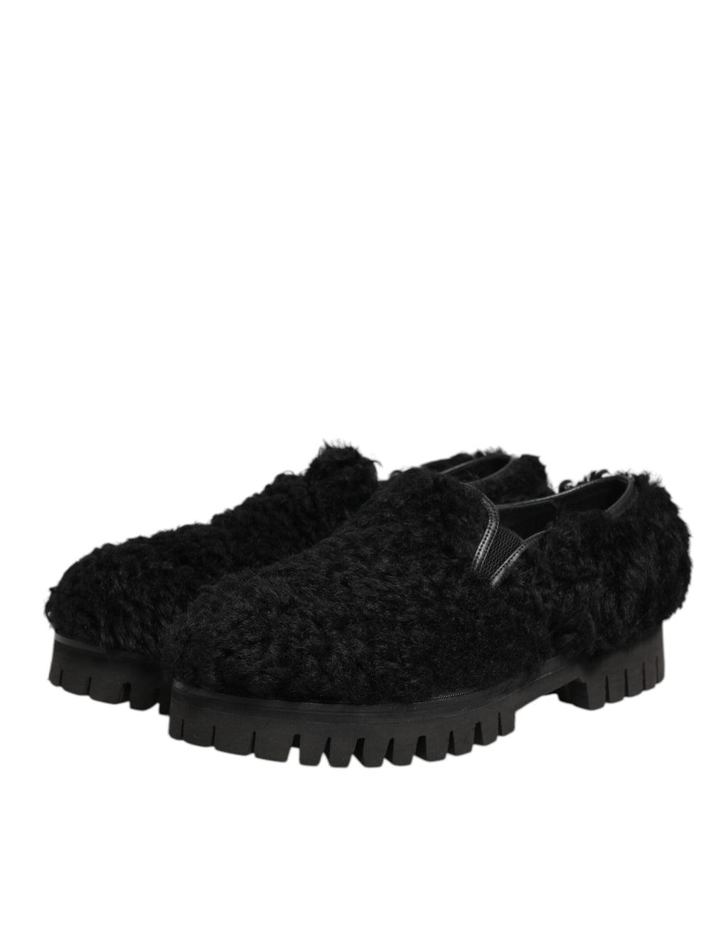 Dolce & Gabbana Kleid Schwarz Pelz Leder Hausschuhe Männer Schuhe