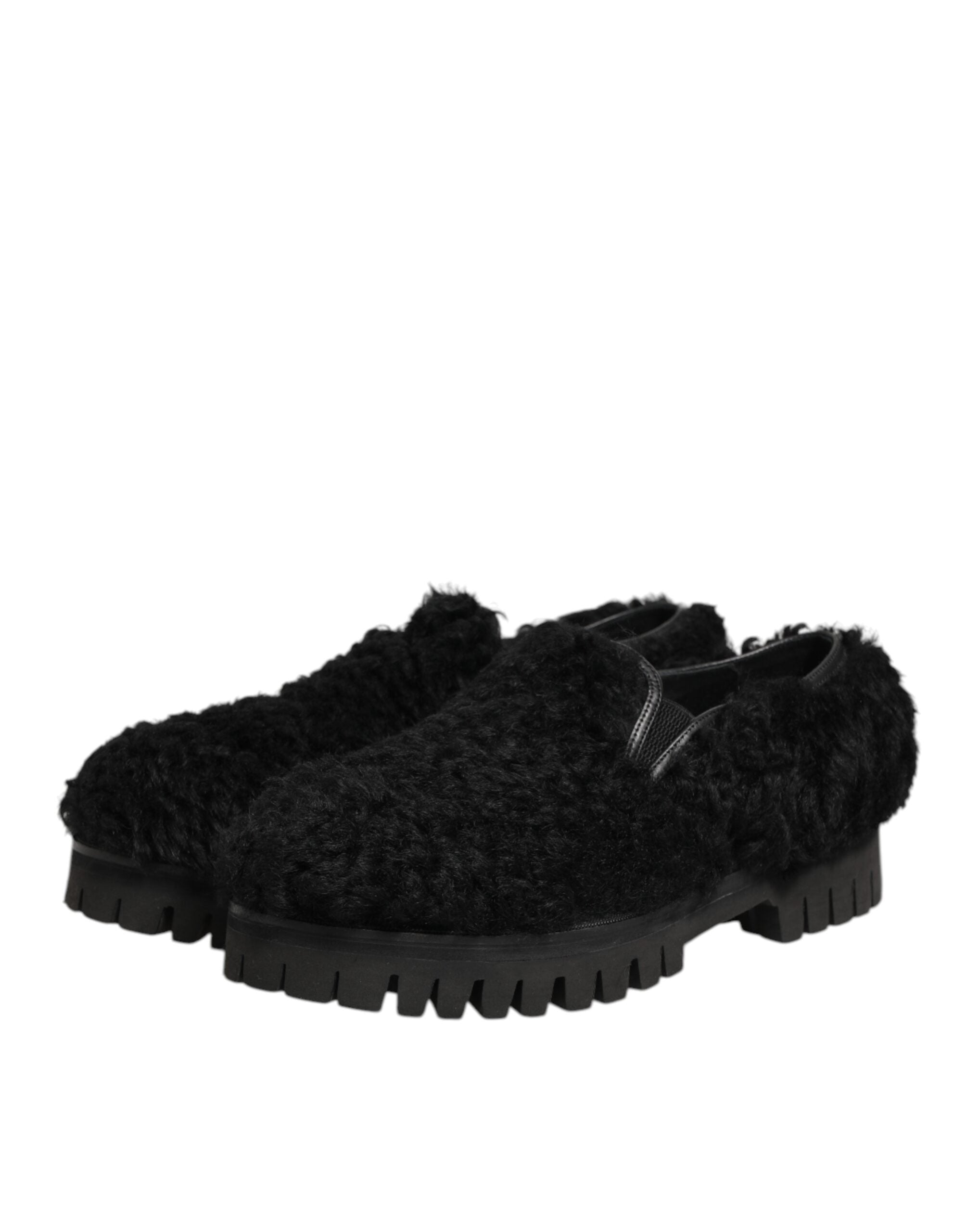 Dolce & Gabbana Dress Black Fur Leather Slippers Men's Shoes