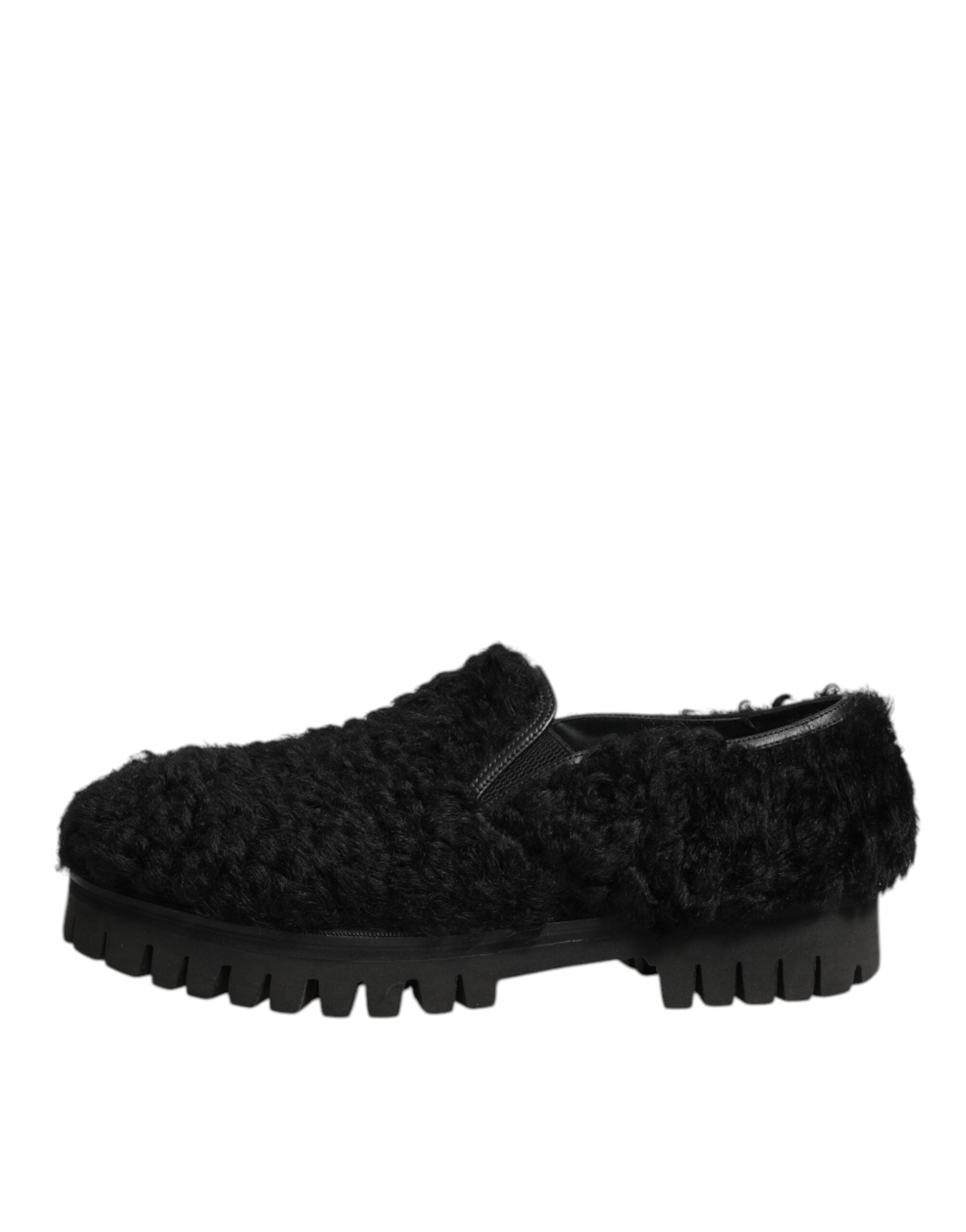 Dolce & Gabbana Kleid Schwarz Pelz Leder Hausschuhe Männer Schuhe