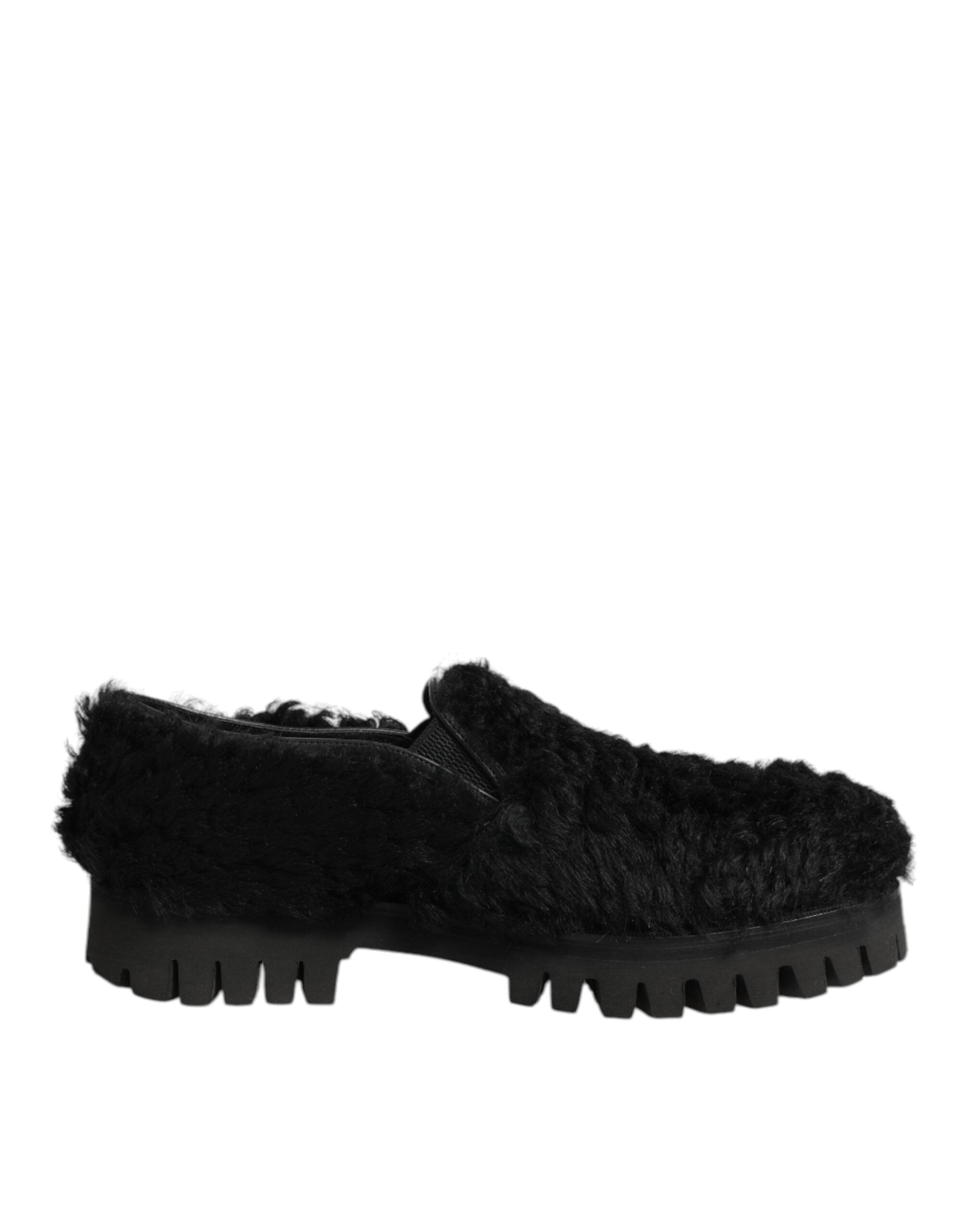 Dolce & Gabbana Dress Black Fur Leather Slippers Men's Shoes