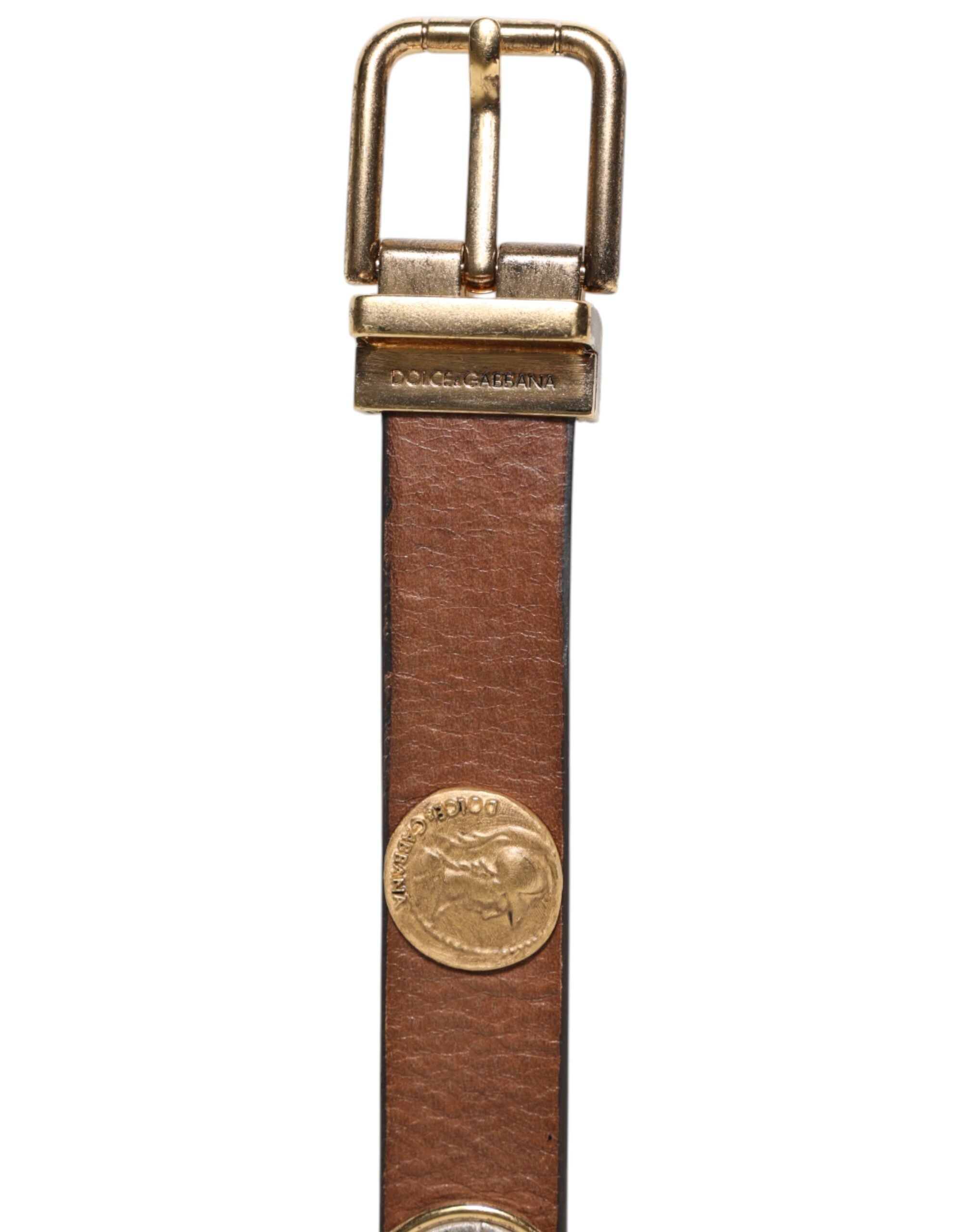 Dolce & Gabbana Braunes Leder Gold Silber Münze Schnalle Gürtel