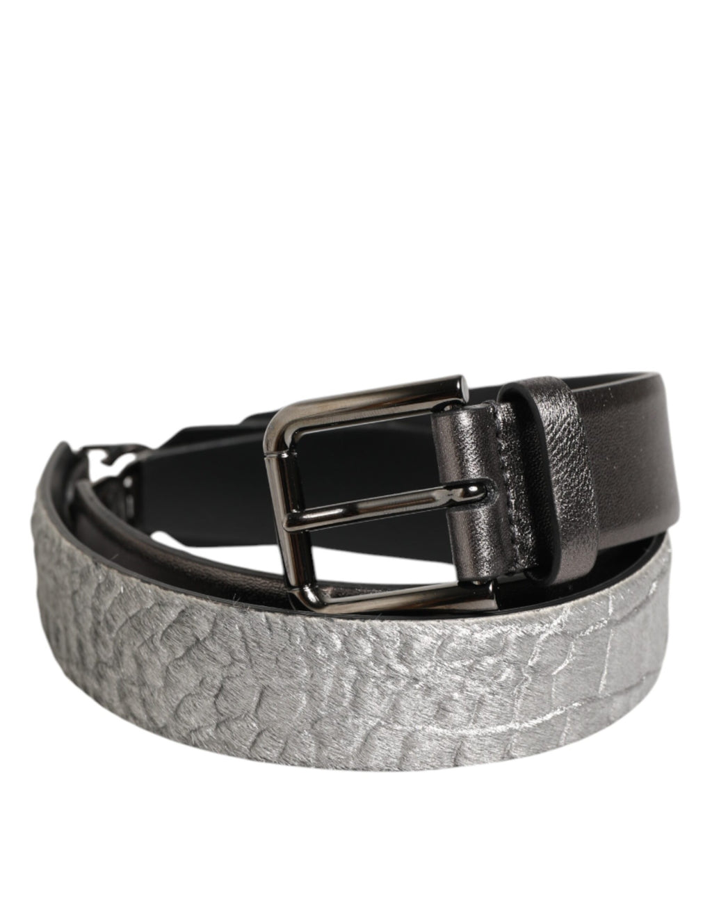 Dolce & Gabbana Black Silver Pebbled Textured Leather Buckle Men's Belt