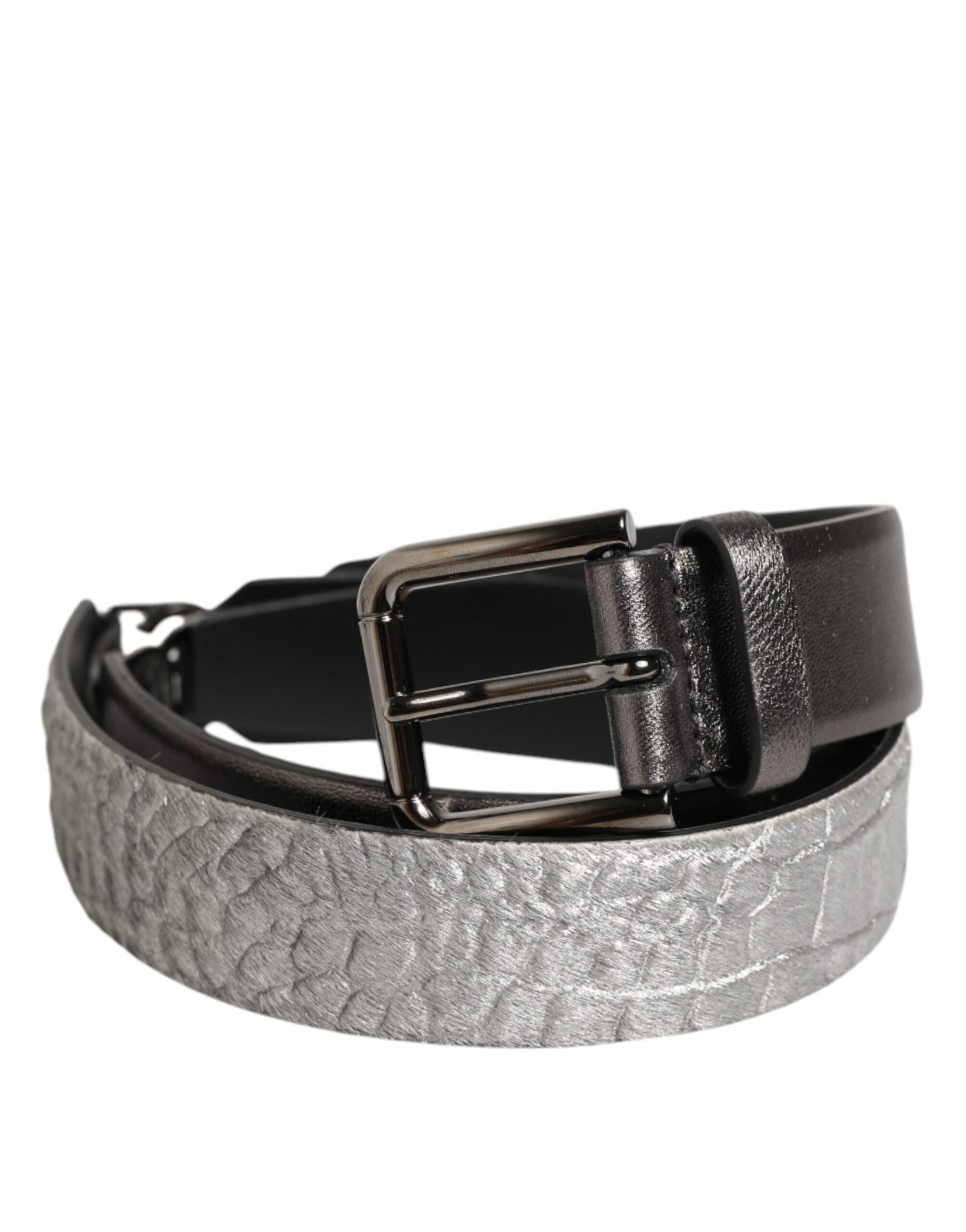 Dolce & Gabbana Black Silver Pebbled Textured Leather Buckle Men's Belt