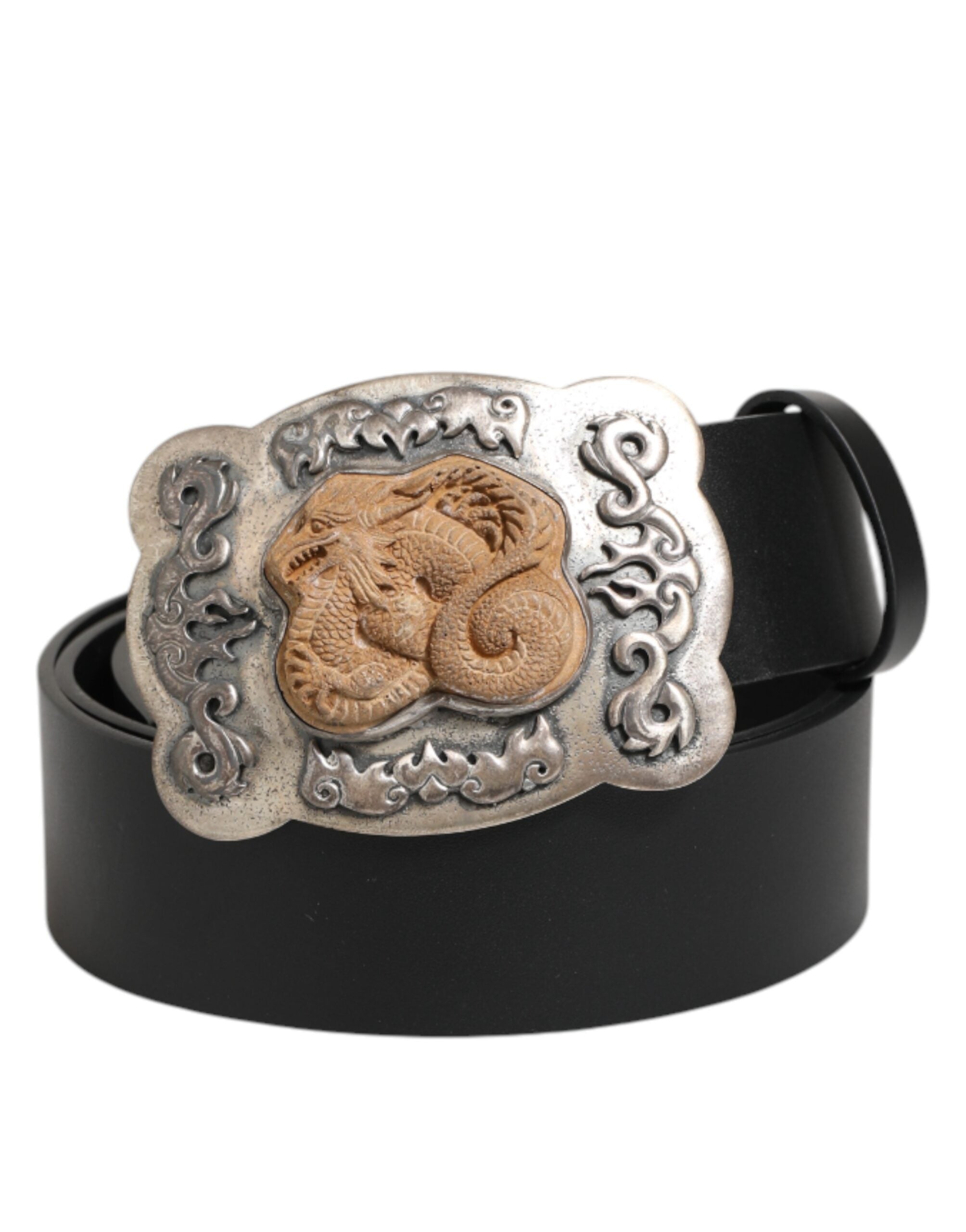 Dolce & Gabbana Schwarzer Leder Gothic Dragon Metallschnalle Gürtel