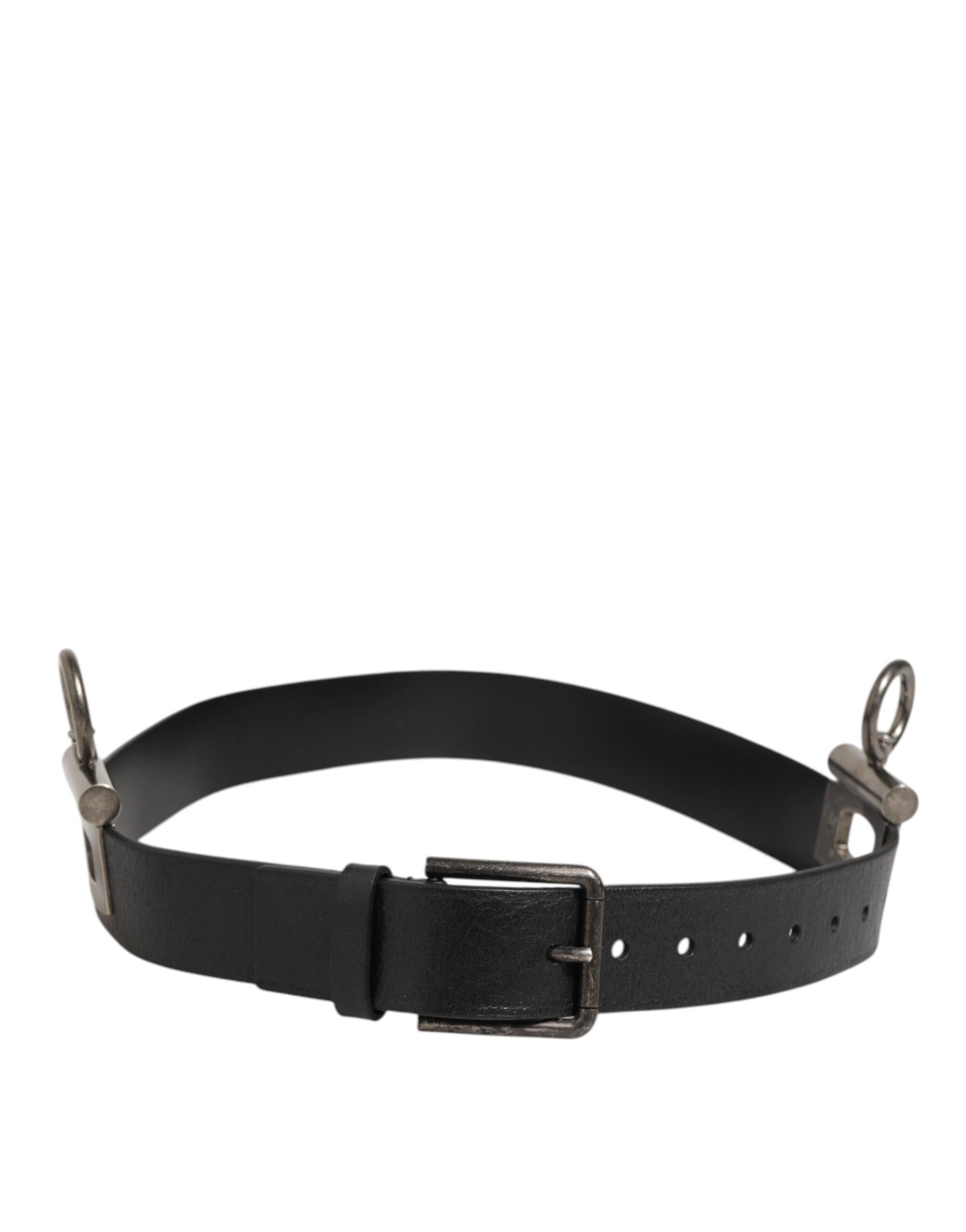 Dolce & Gabbana Schwarzes Leder Seite Ringe Messing Schnalle Gürtel