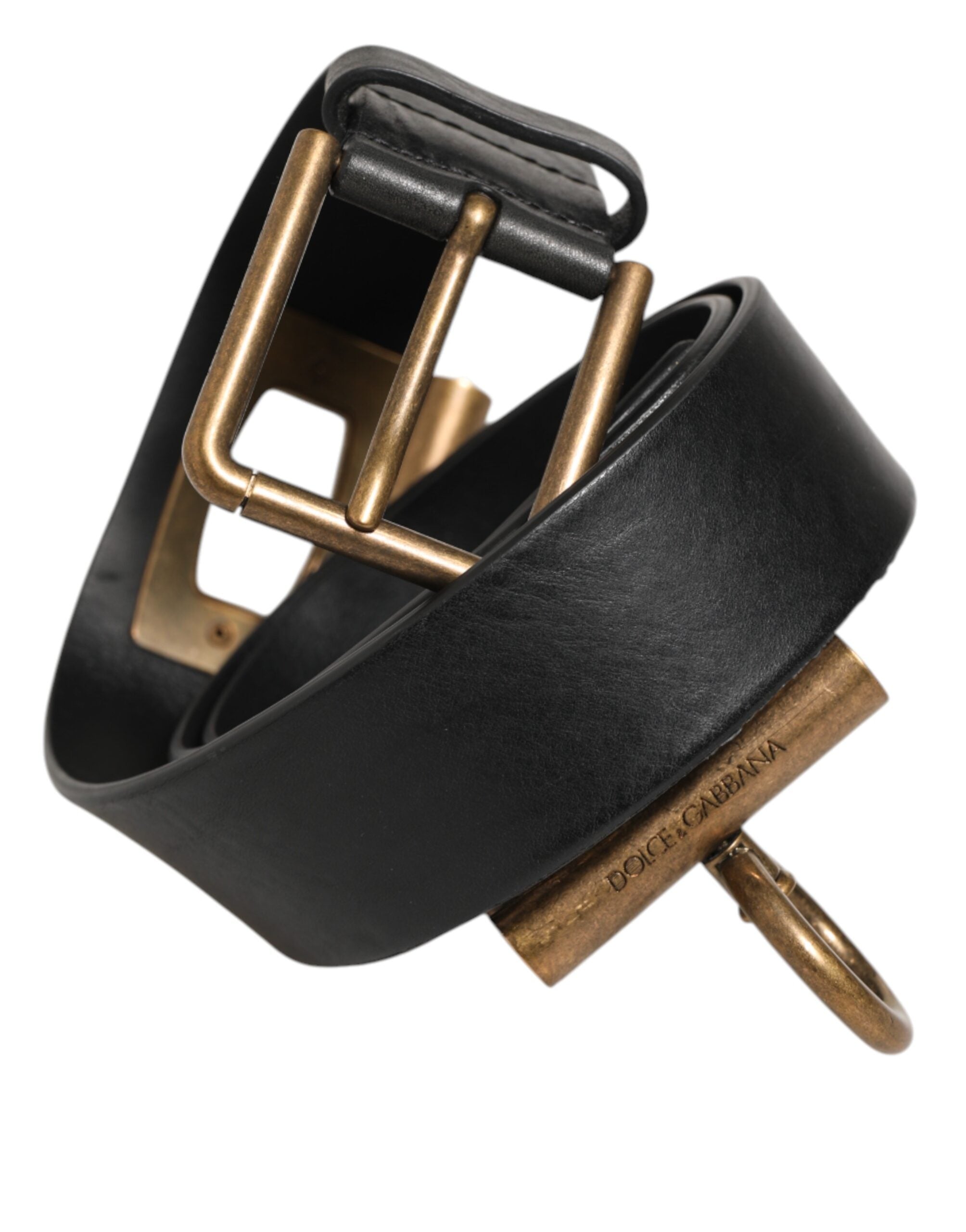 Dolce & Gabbana Schwarzes Leder Seite Ringe Messing Schnalle Gürtel