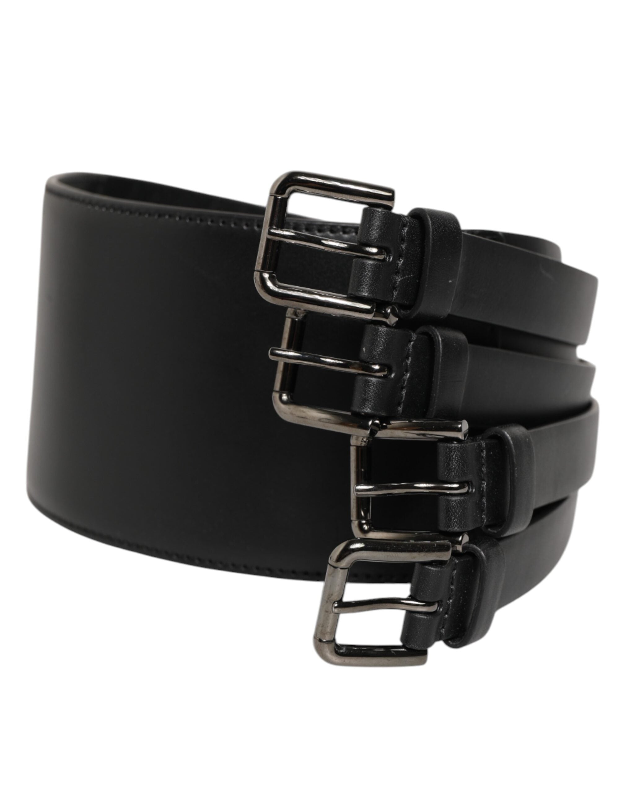 Dolce & Gabbana Schwarzer Leder-4-Riemen-Metall-Gürtel mit mehreren Schnallen