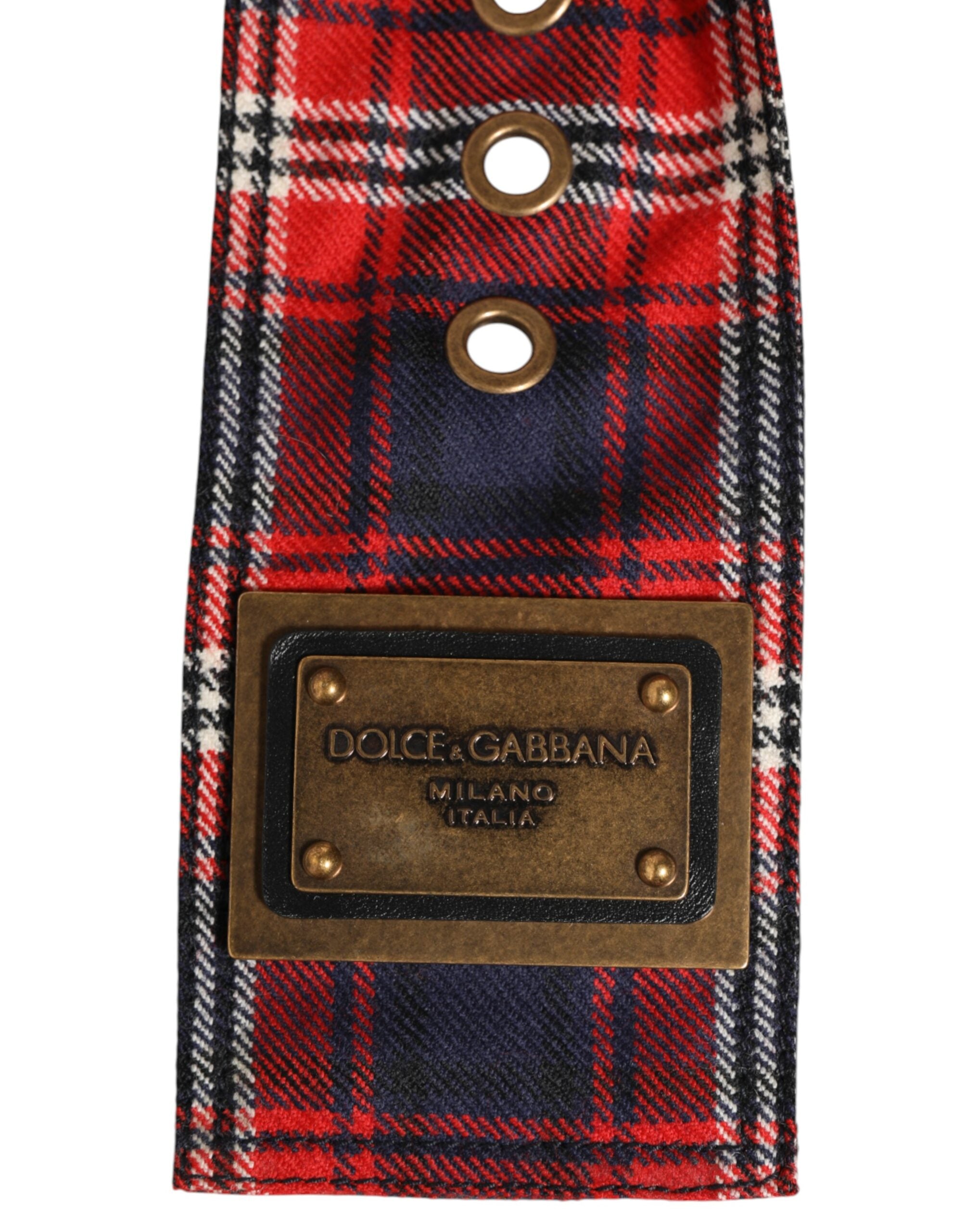 Dolce & Gabbana Rot karierter Stoff Logo Platte Messing Schnalle Gürtel