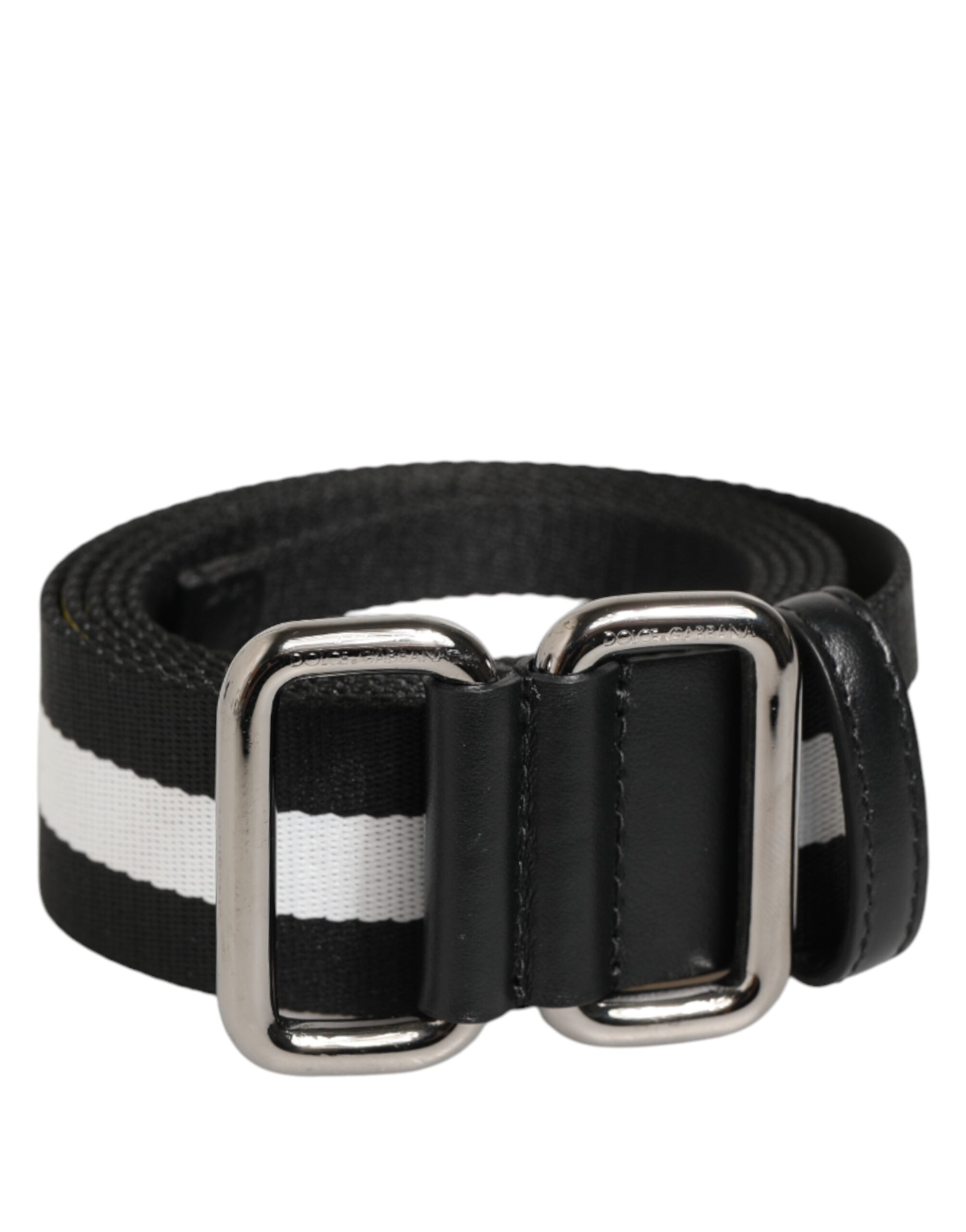 Dolce & Gabbana Black and White Striped Men's Belt with Metal Buckle