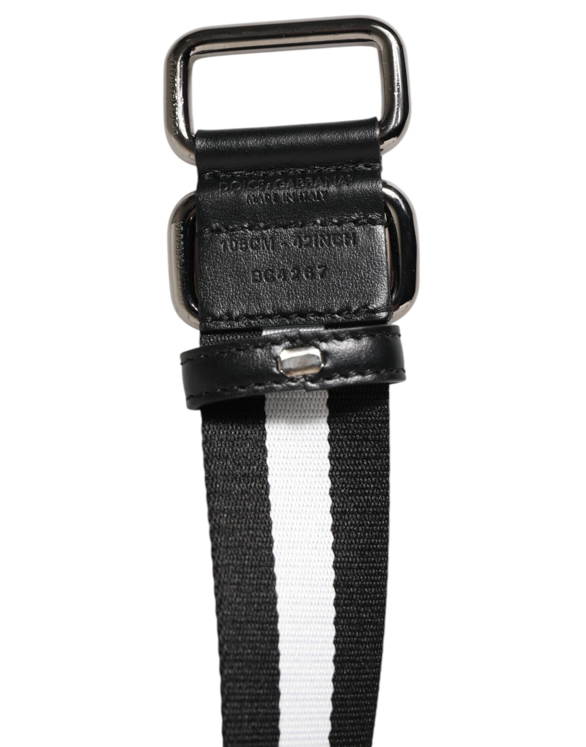 Dolce & Gabbana Black and White Striped Men's Belt with Metal Buckle