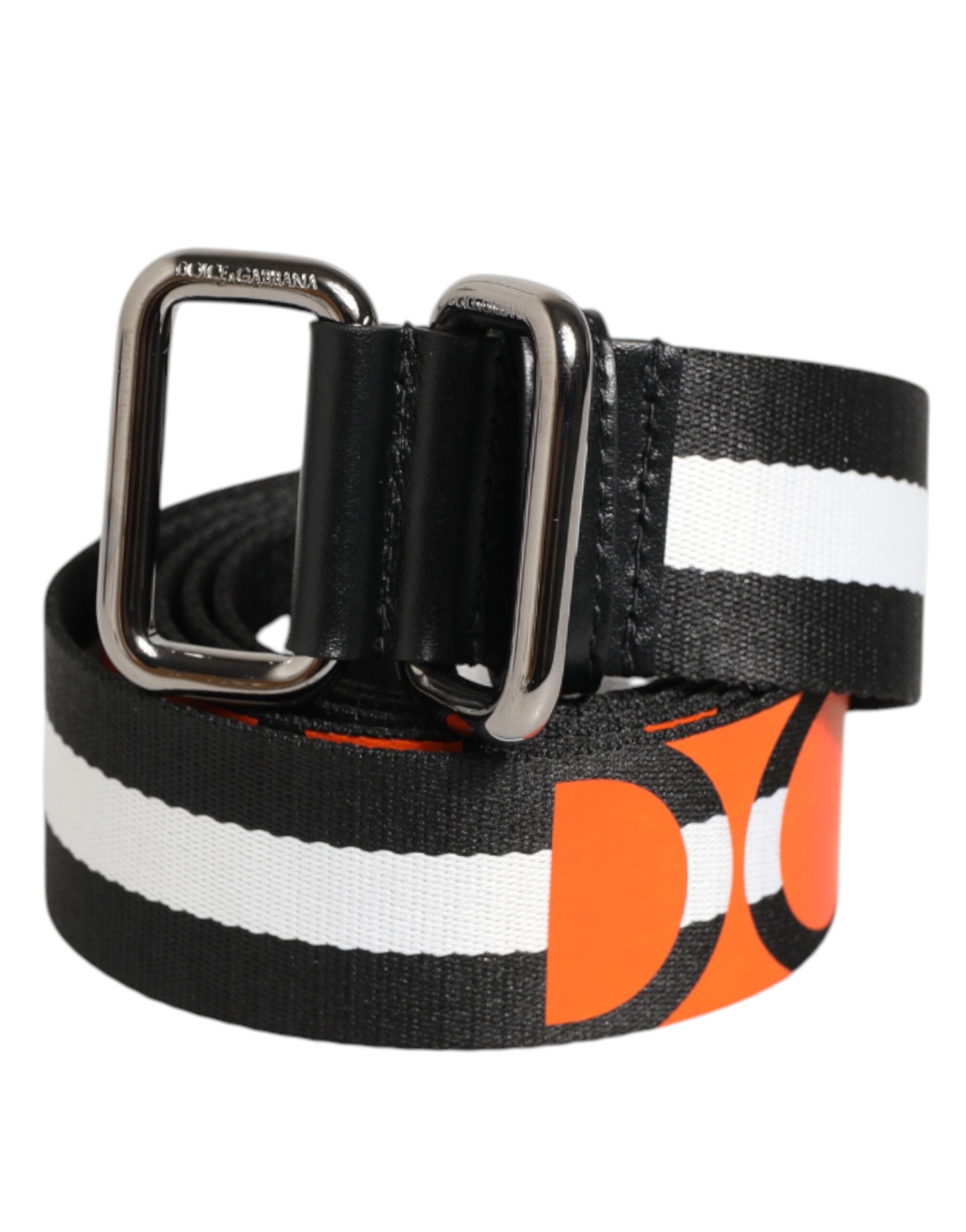 Dolce & Gabbana Black and White Striped Logo Metal Buckle Belt