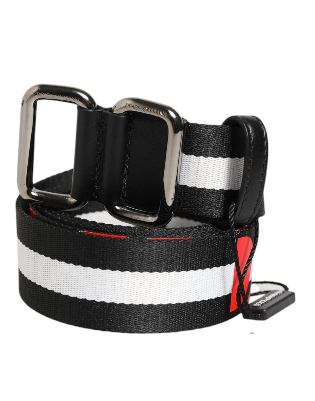 Dolce & Gabbana Black and White Striped Logo Metal Buckle Belt
