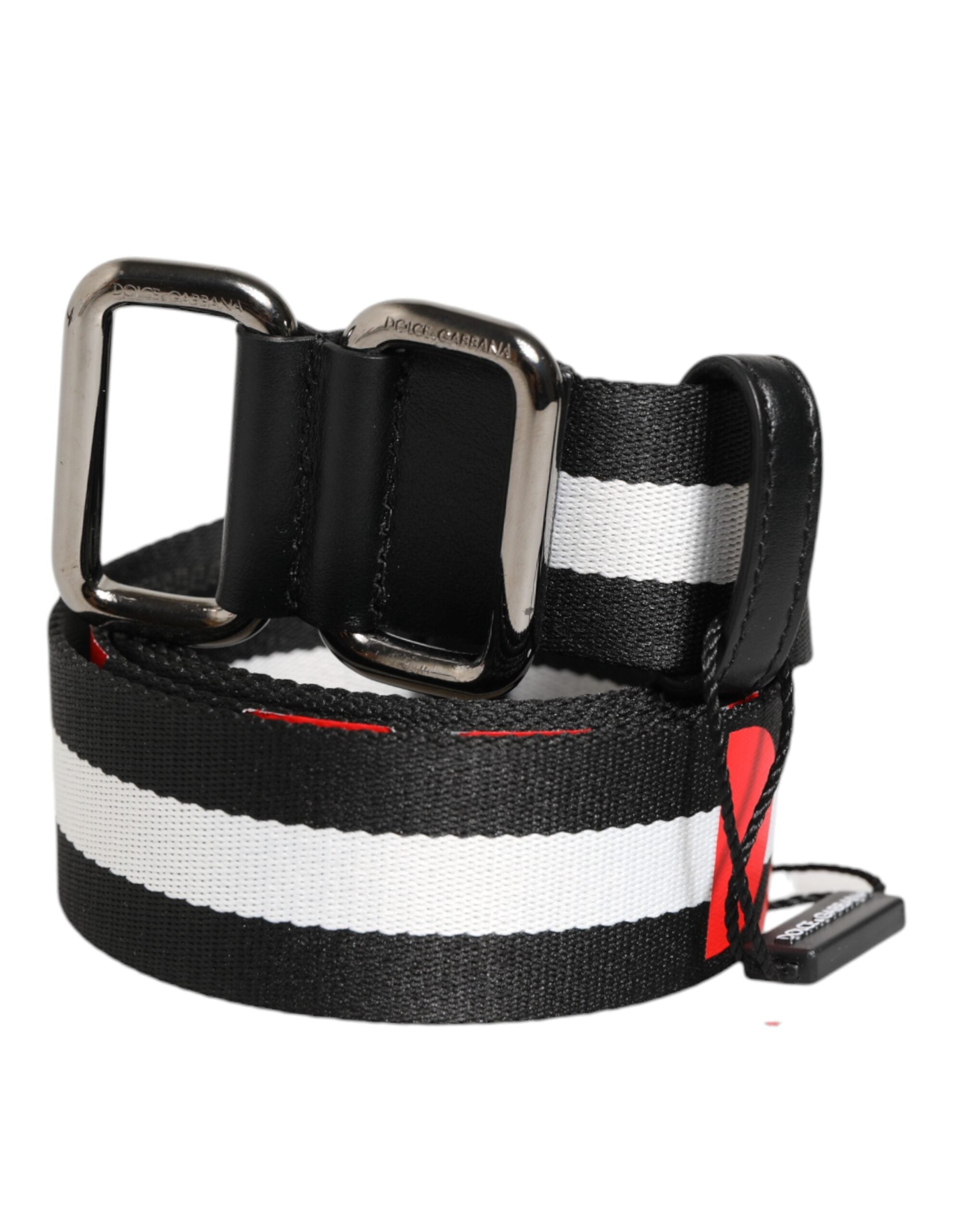 Dolce & Gabbana Black and White Striped Logo Metal Buckle Belt