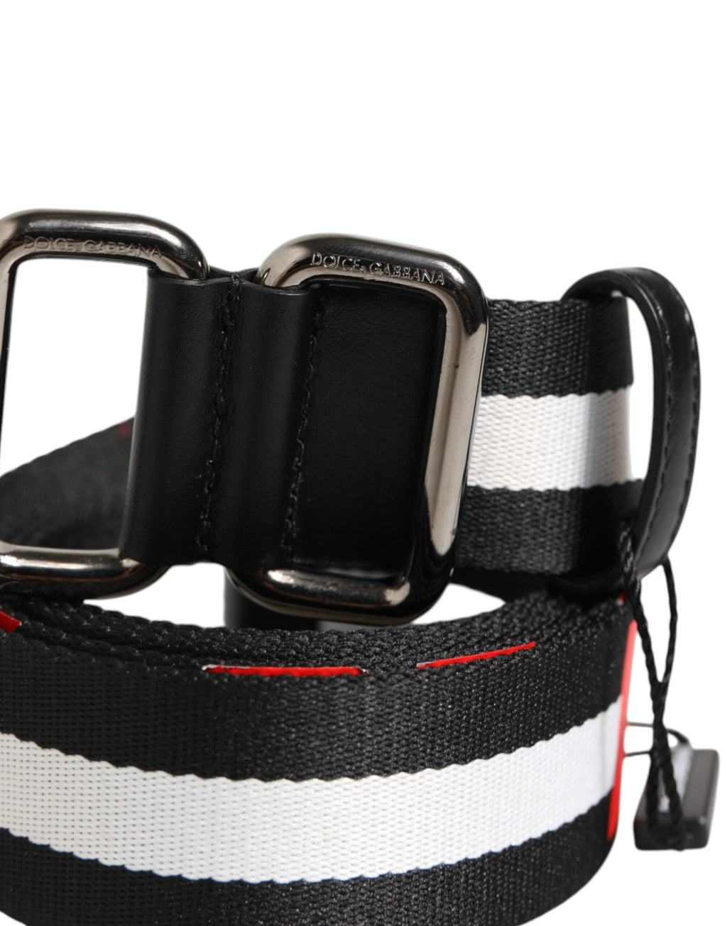 Dolce & Gabbana Black and White Striped Logo Metal Buckle Belt