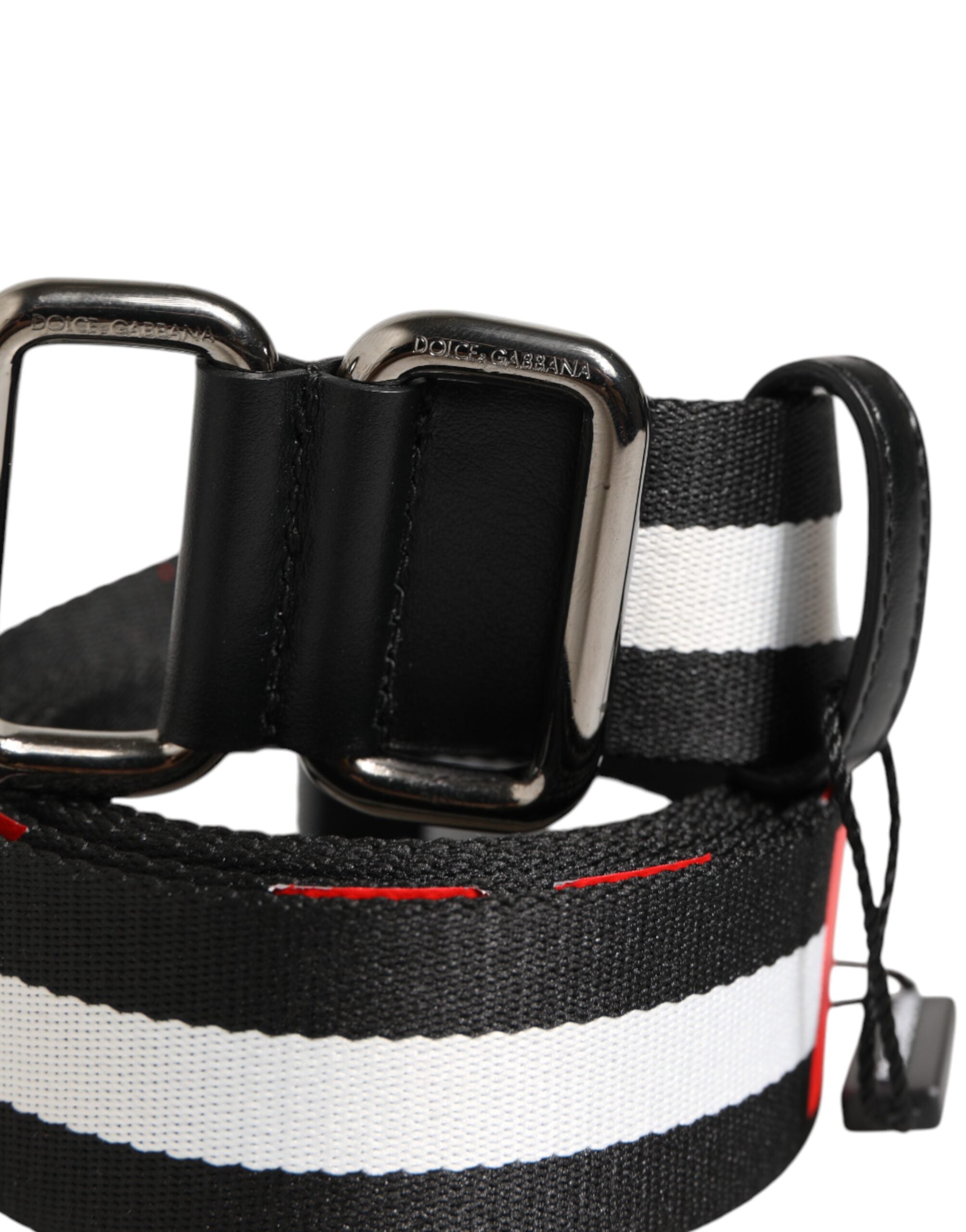 Dolce & Gabbana Black and White Striped Logo Metal Buckle Belt