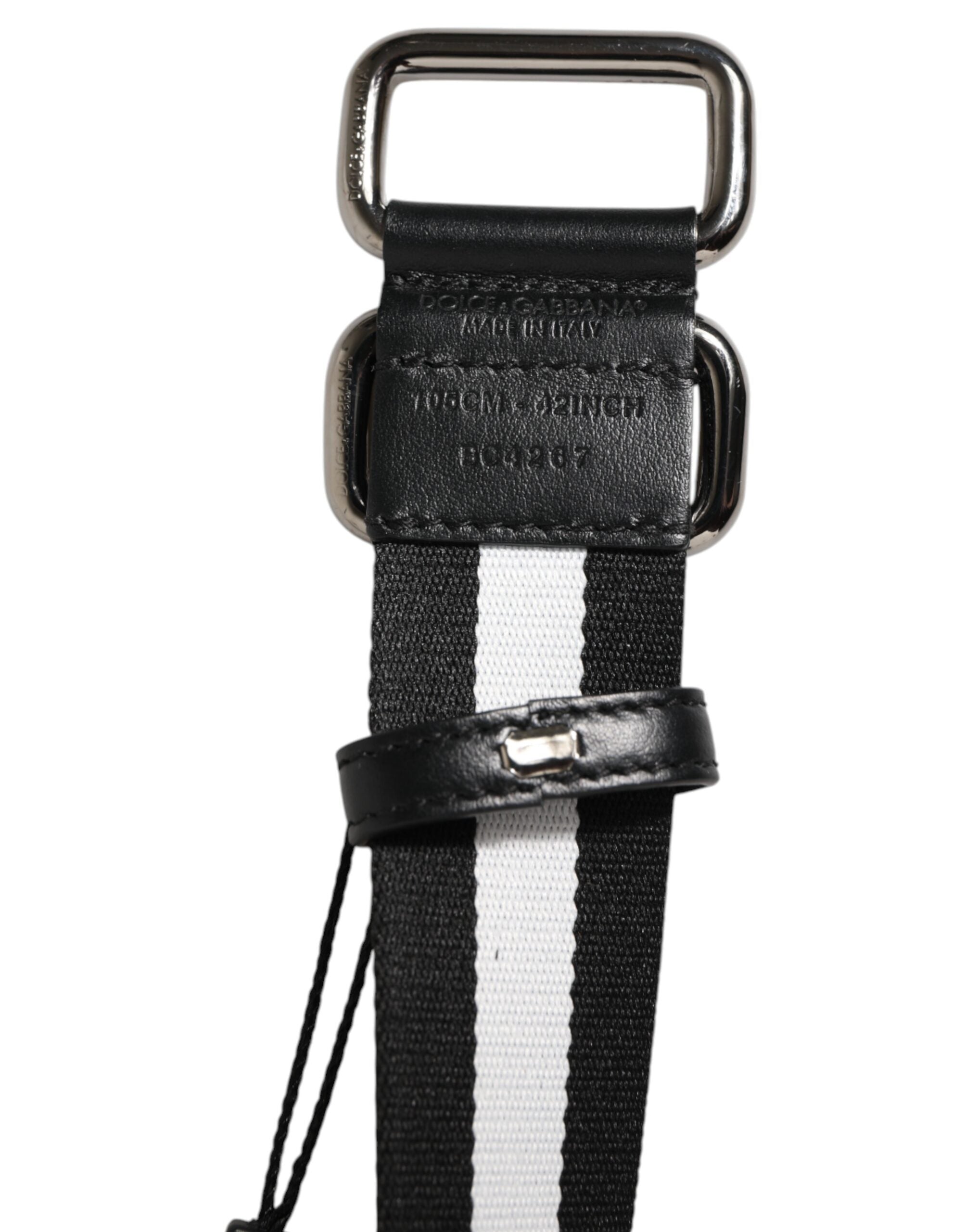 Dolce & Gabbana Black and White Striped Logo Metal Buckle Belt