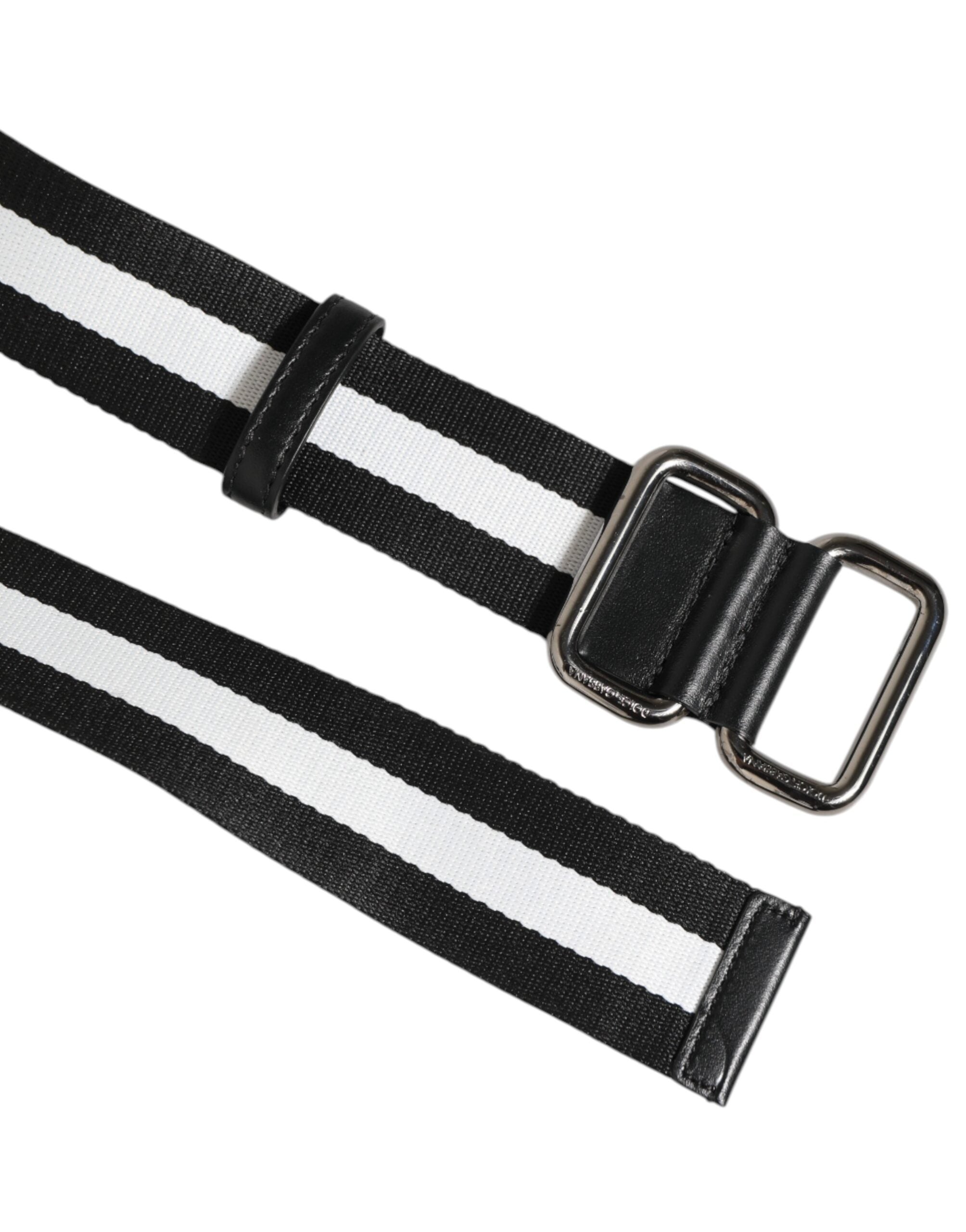 Dolce & Gabbana Black and White Striped Logo Metal Buckle Belt