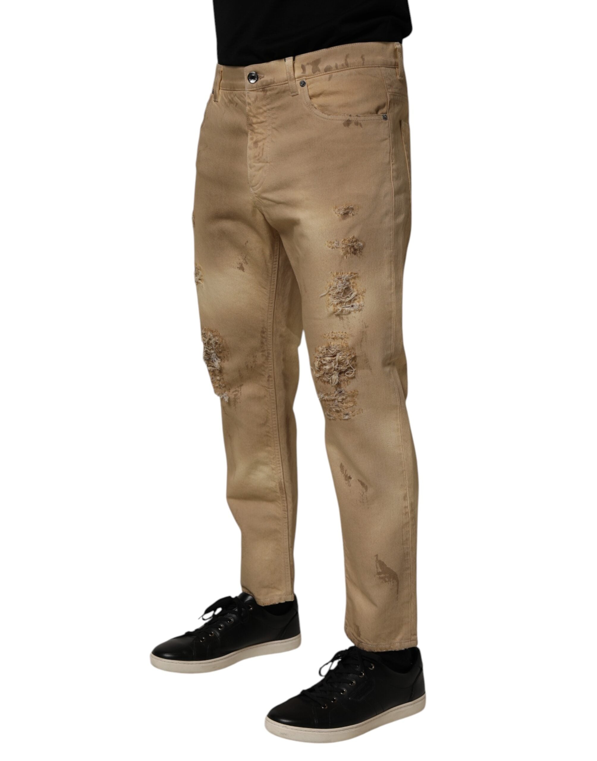 Dolce & Gabbana Beige Cotton Loose Distressed Men's Denim Jeans