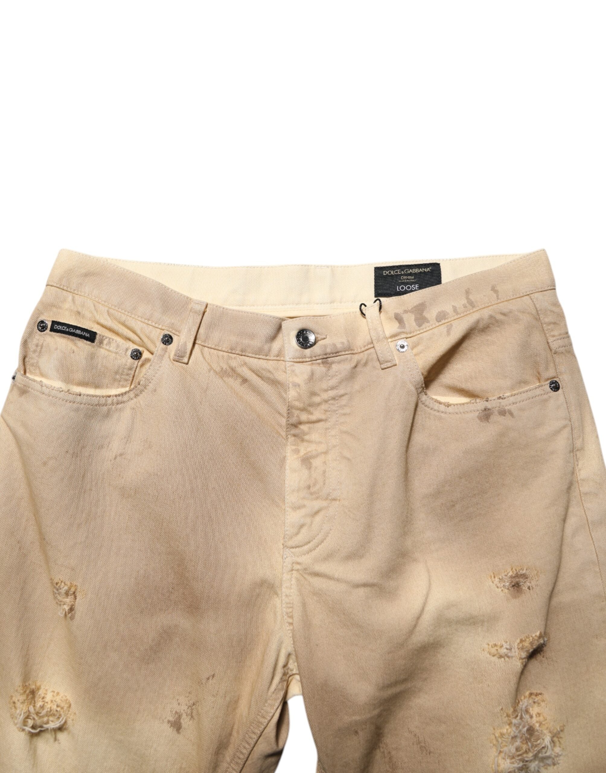 Dolce & Gabbana Beige Cotton Loose Distressed Men's Denim Jeans