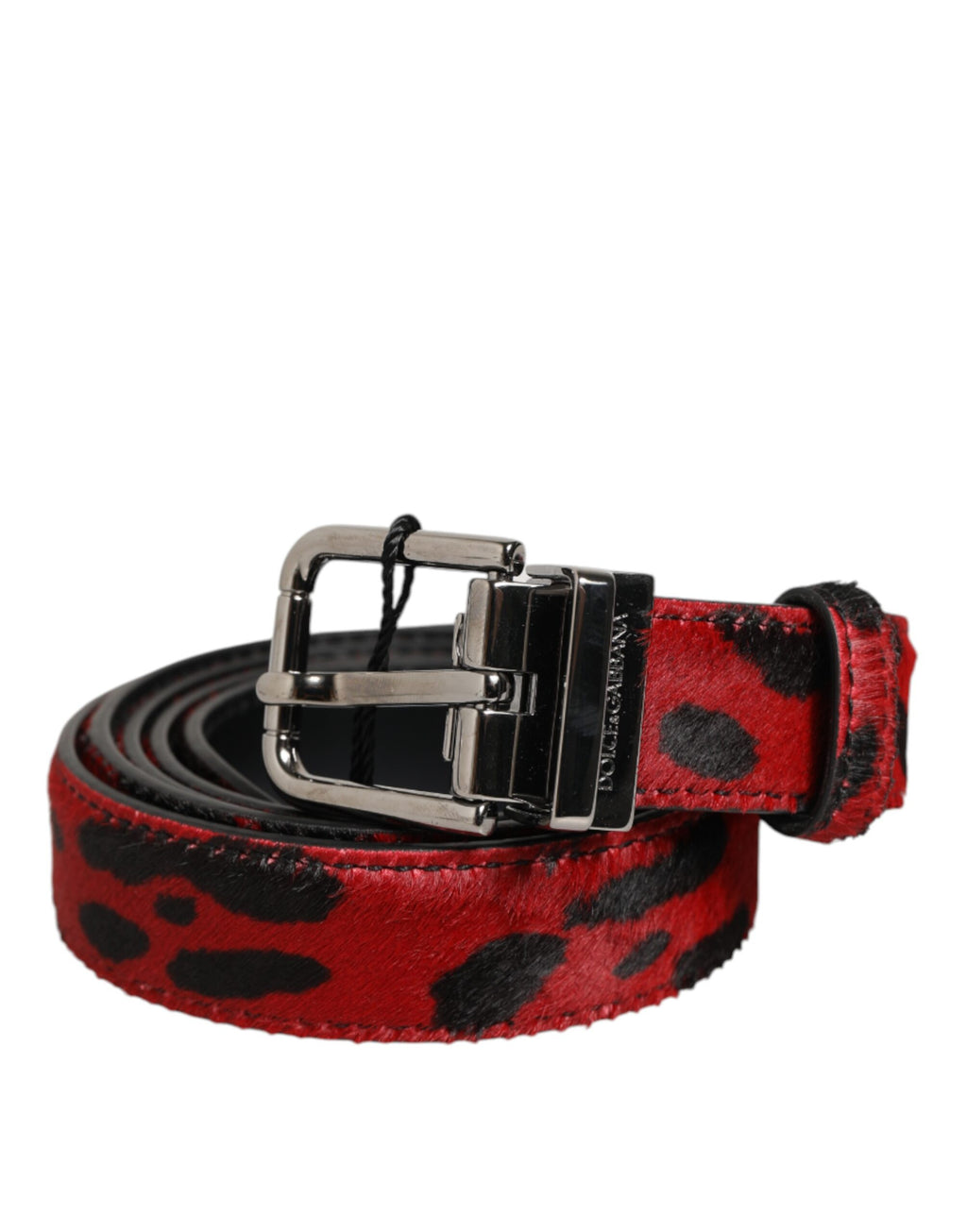 Dolce & Gabbana Red Black Pony Hair Leather Metal Buckle Men's Belt