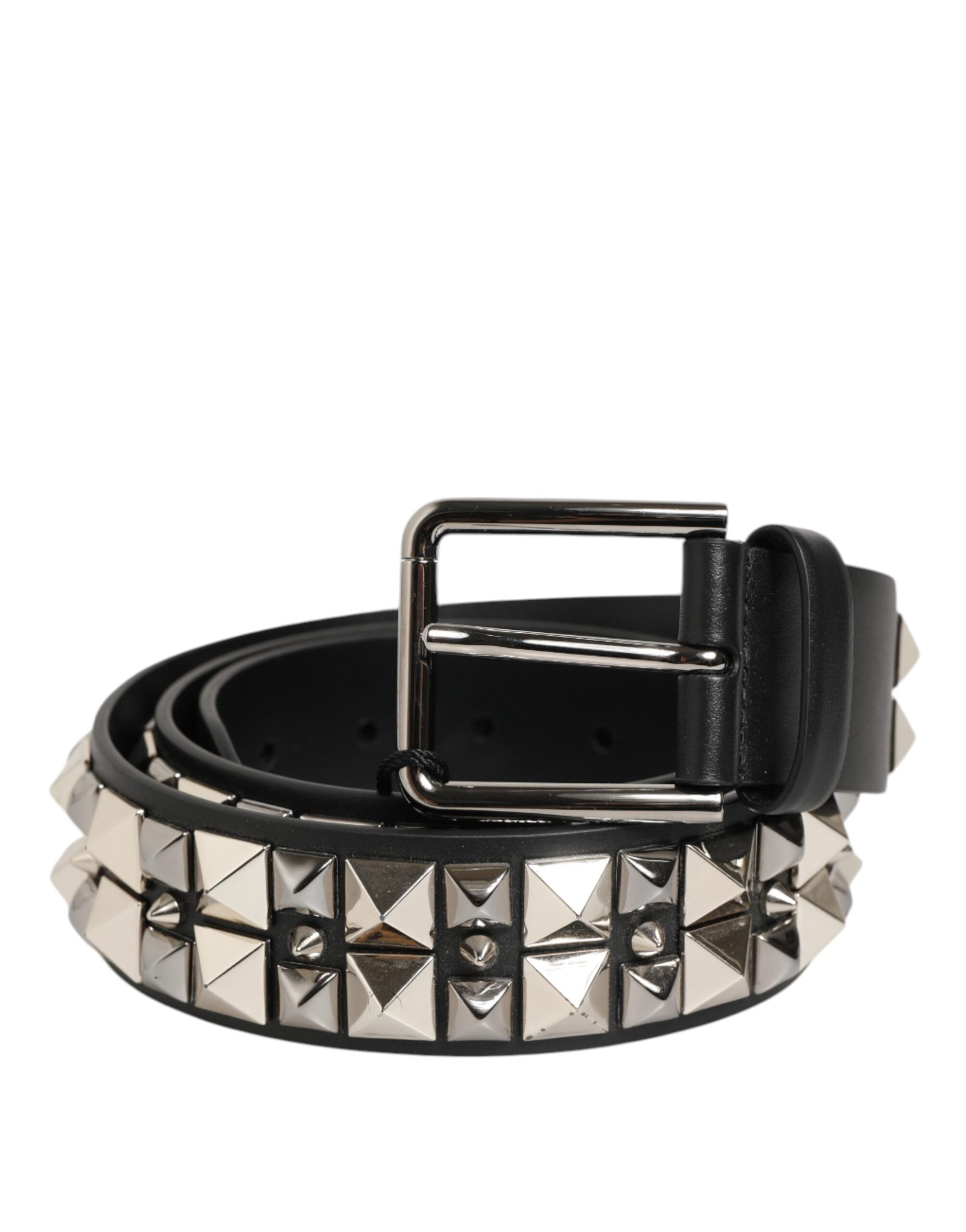 Dolce & Gabbana Black Calfskin Studded Belt with Silver Buckle