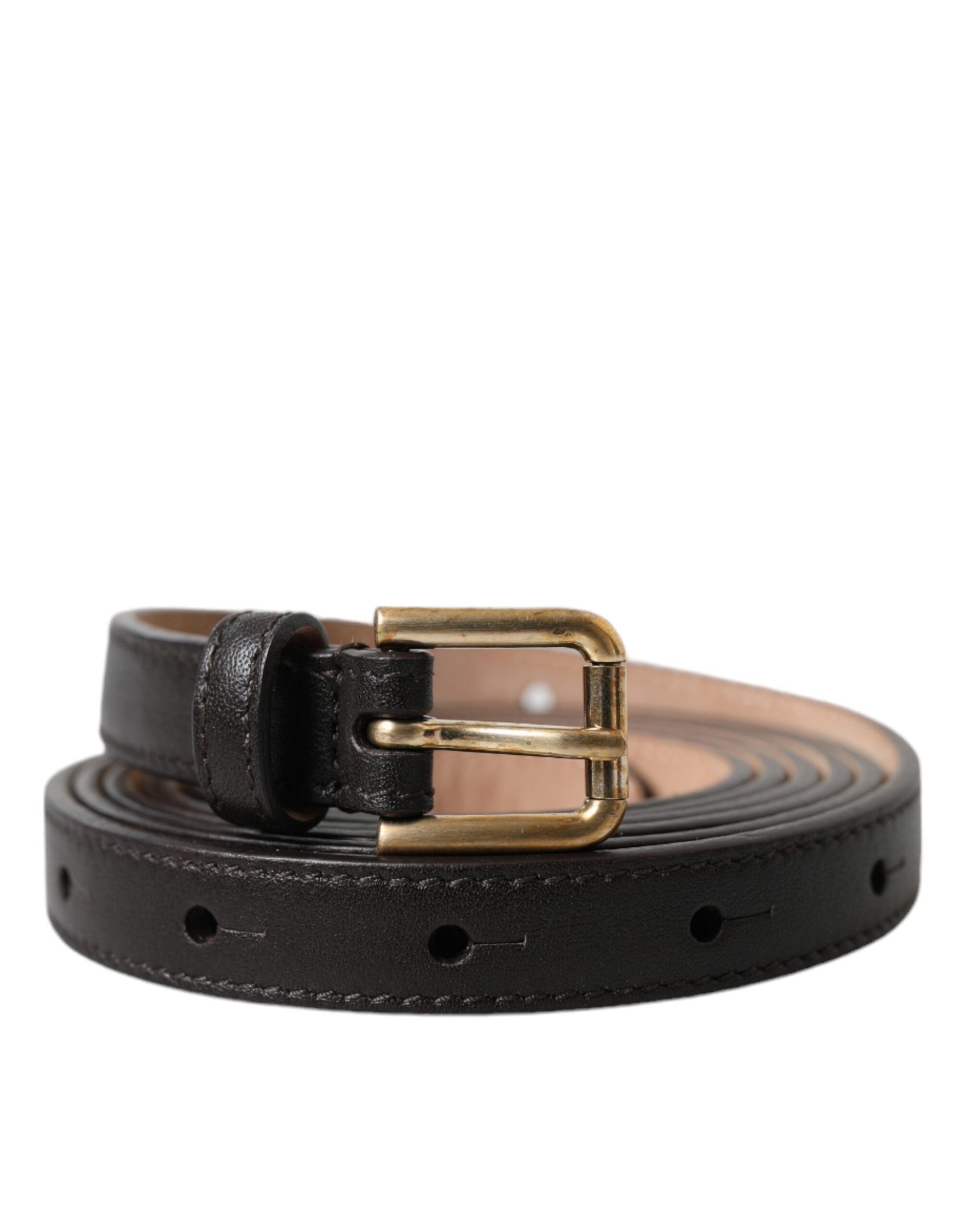 Dolce & Gabbana Black Leather Belt with Gold Metal Buckle, Long and Narrow