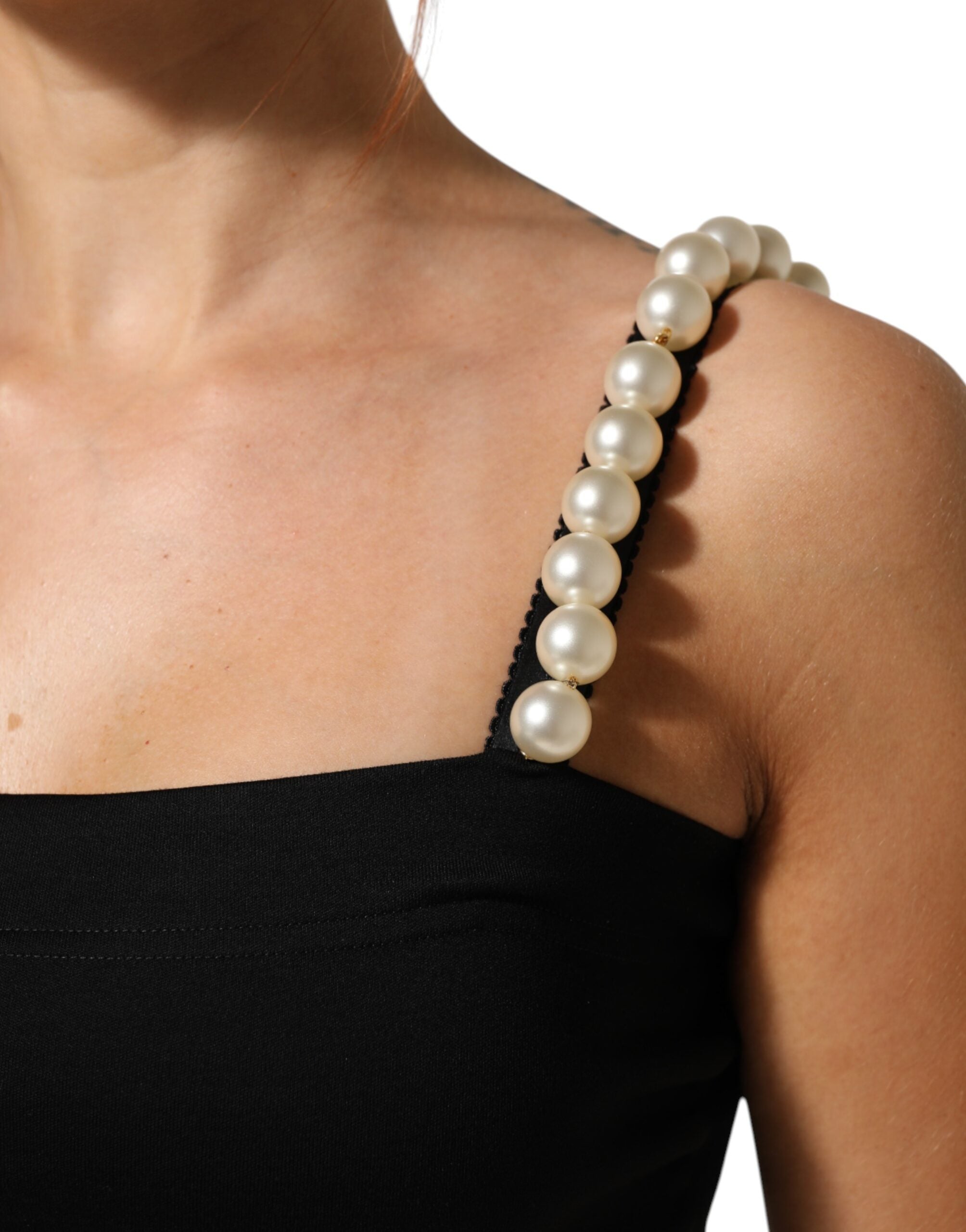 Dolce & Gabbana Black Cotton Sheath Dress with Faux Pearls