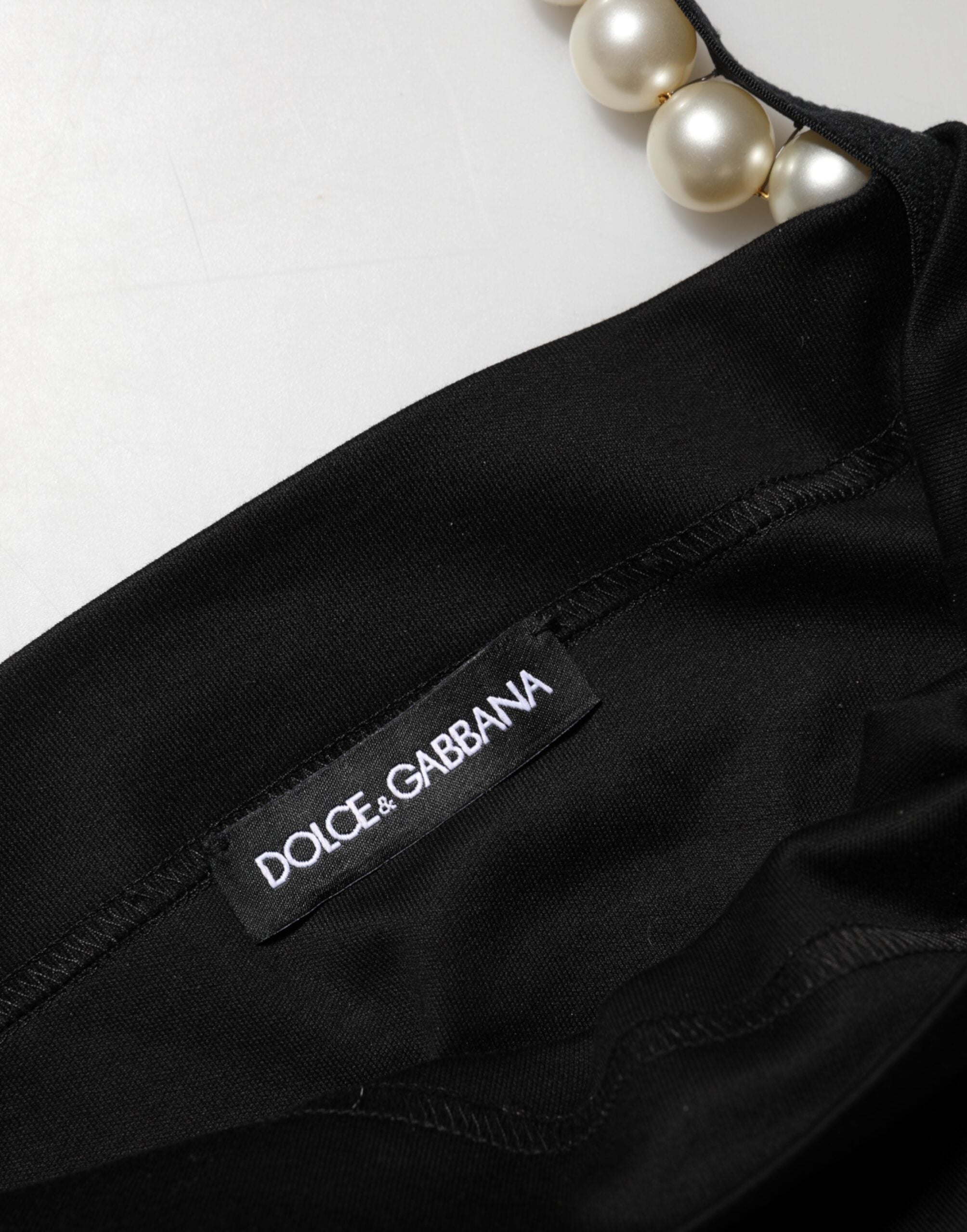 Dolce & Gabbana Black Cotton Sheath Dress with Faux Pearls