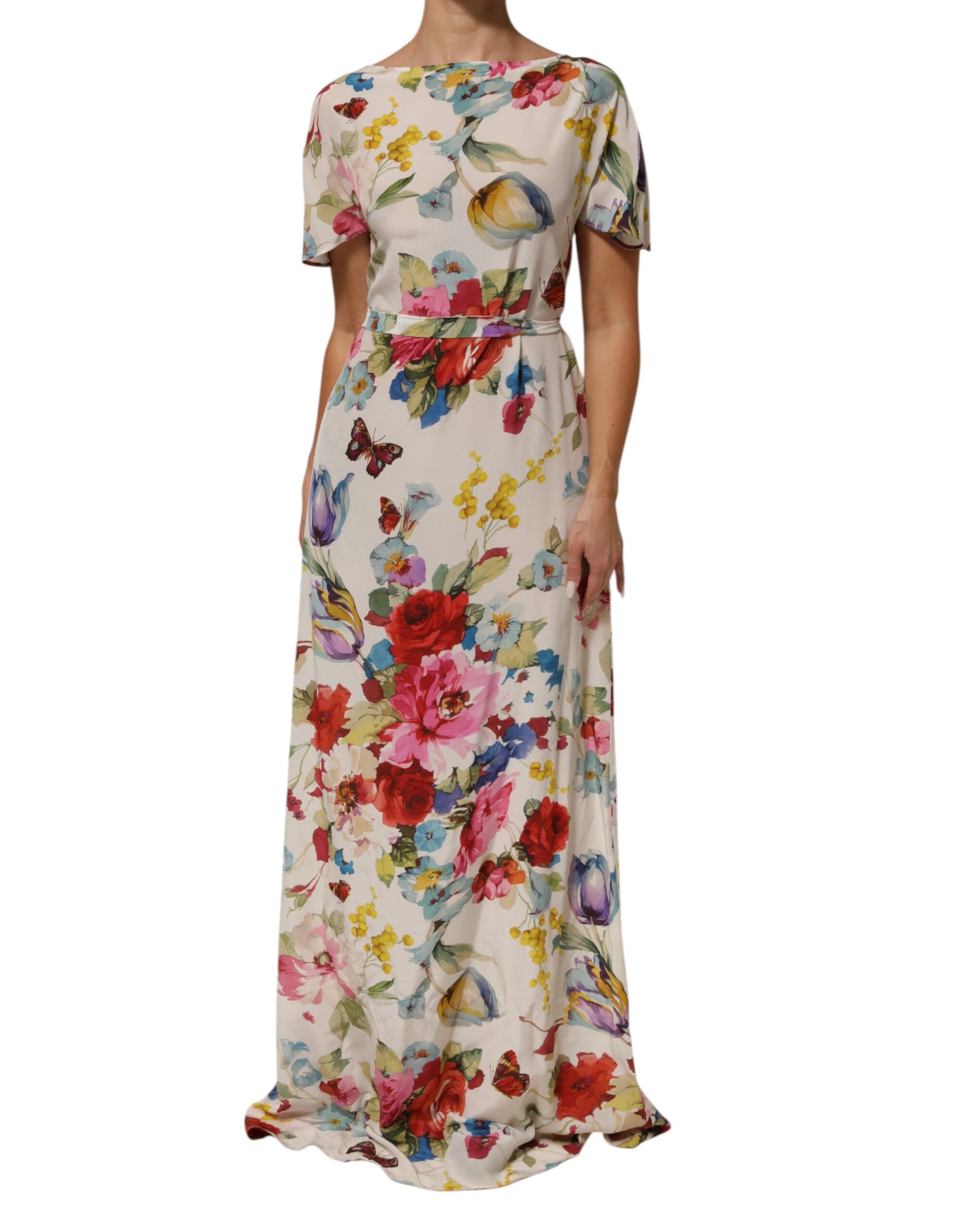 Dolce & Gabbana White Floral Silk Long Kaftan Dress