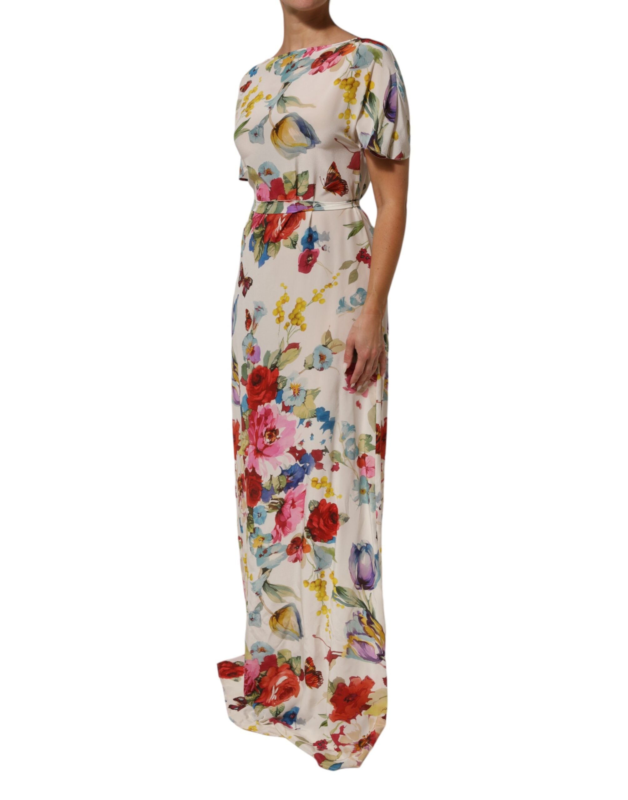 Dolce & Gabbana White Floral Silk Long Kaftan Dress
