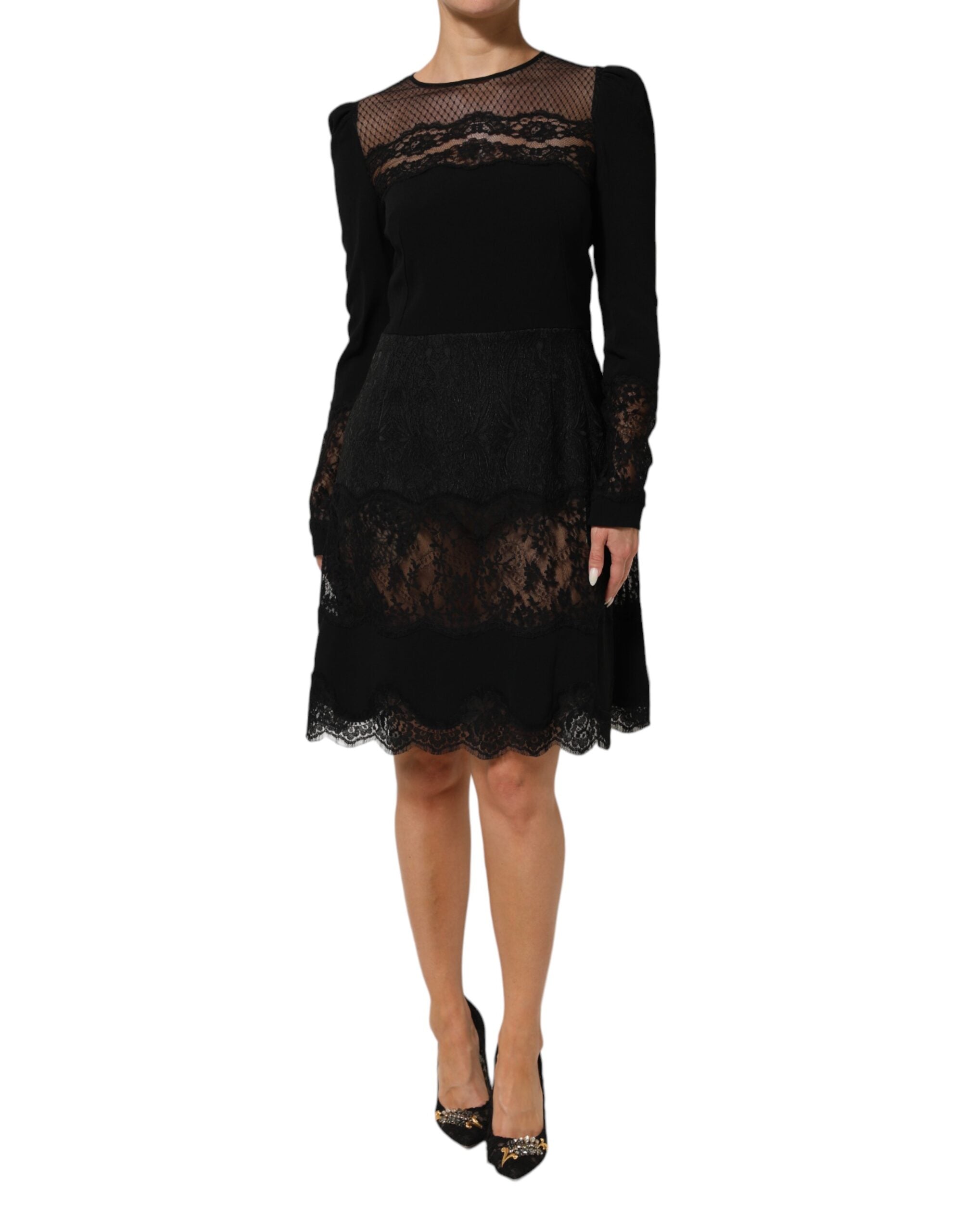 Dolce & Gabbana Black Floral Lace-Trimmed A-Line Dress