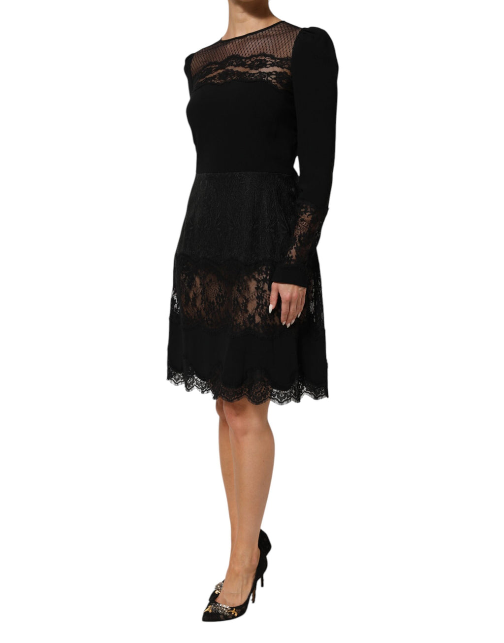 Dolce & Gabbana Black Floral Lace-Trimmed A-Line Dress