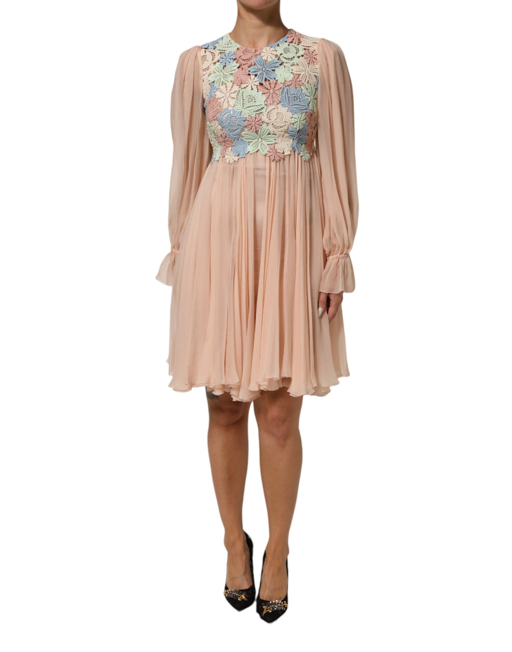 Dolce & Gabbana Pinkes Kleid mit Blumenstickerei und Plissee in A-Linie
