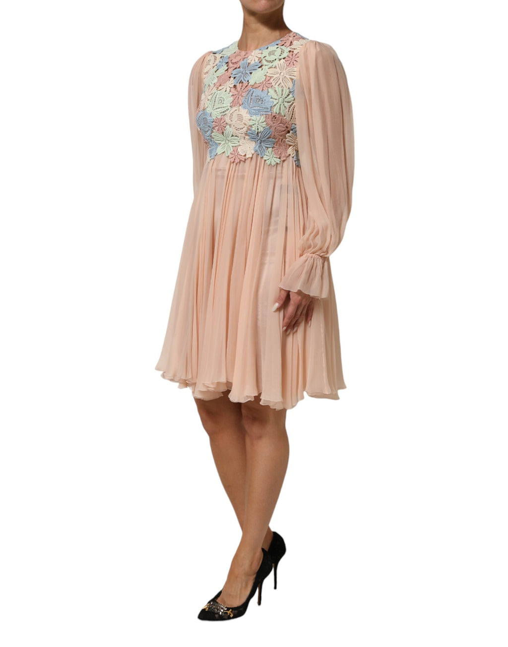 Dolce & Gabbana Pinkes Kleid mit Blumenstickerei und Plissee in A-Linie