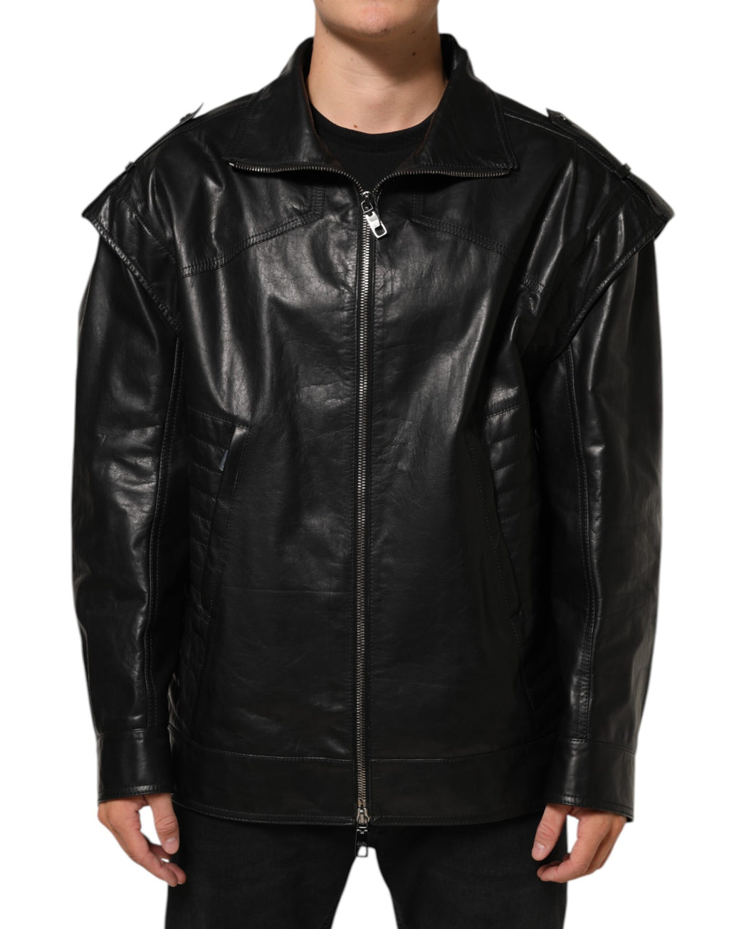 Dolce & Gabbana Black Leather Full-Zip Biker Blouson Jacket