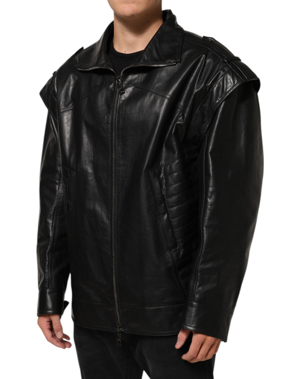 Dolce & Gabbana Black Leather Full-Zip Biker Blouson Jacket