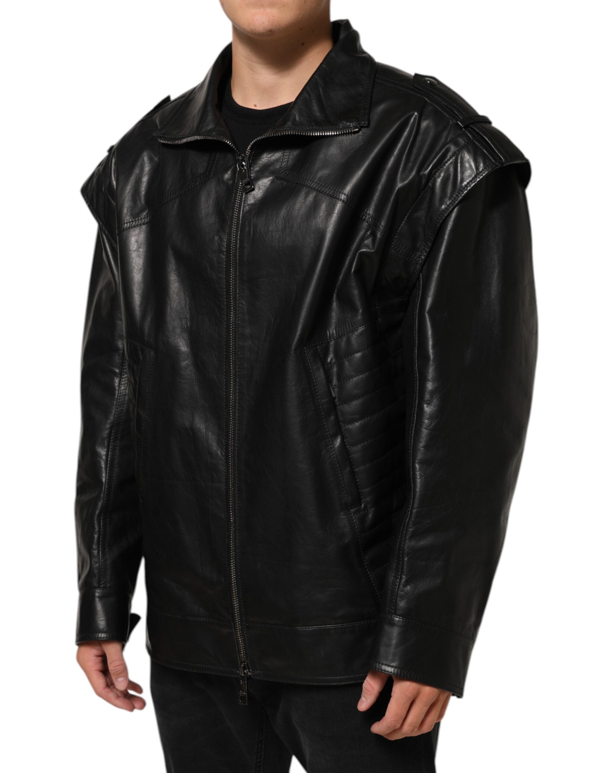 Dolce & Gabbana Black Leather Full-Zip Biker Blouson Jacket