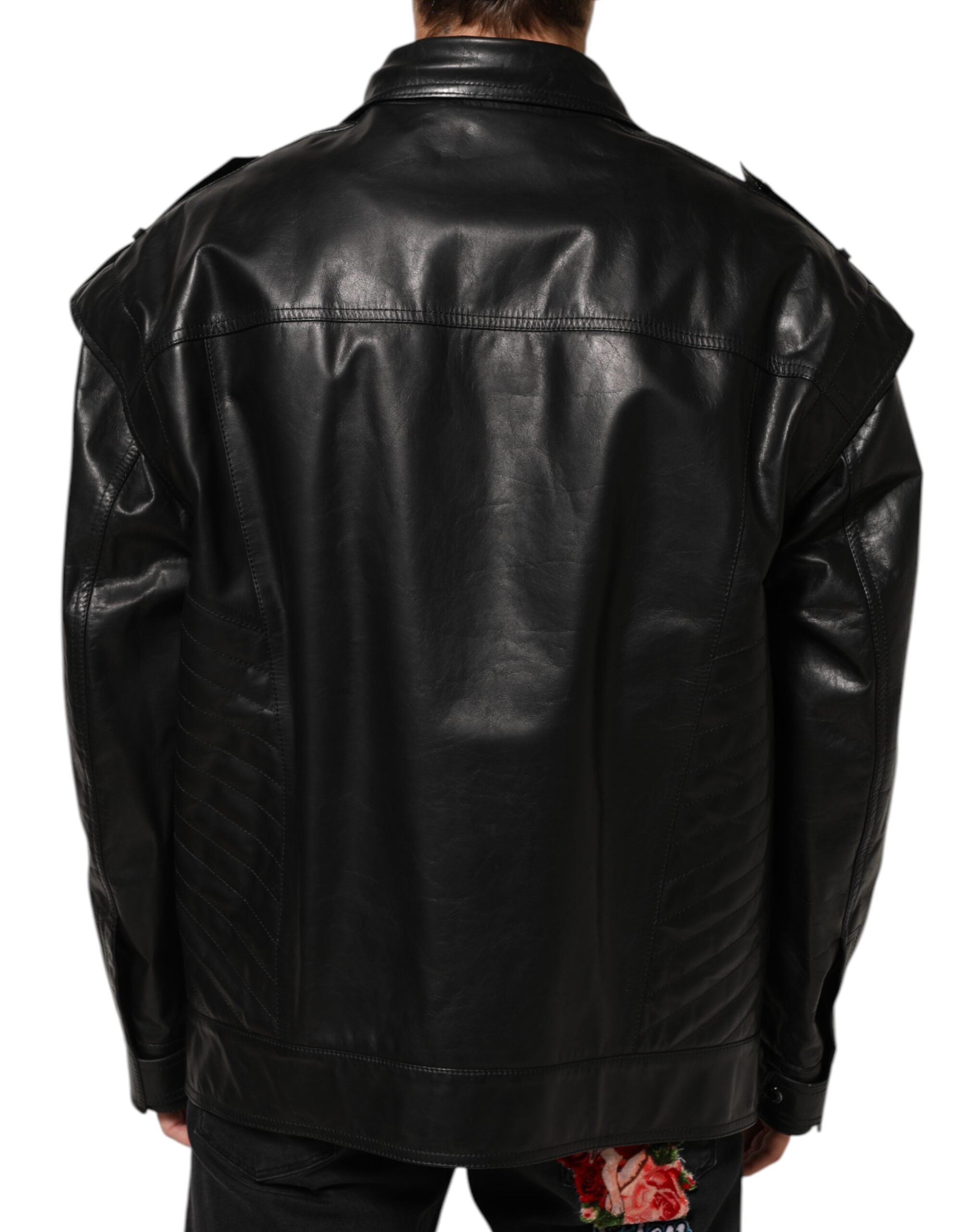 Dolce & Gabbana Black Leather Full-Zip Biker Blouson Jacket
