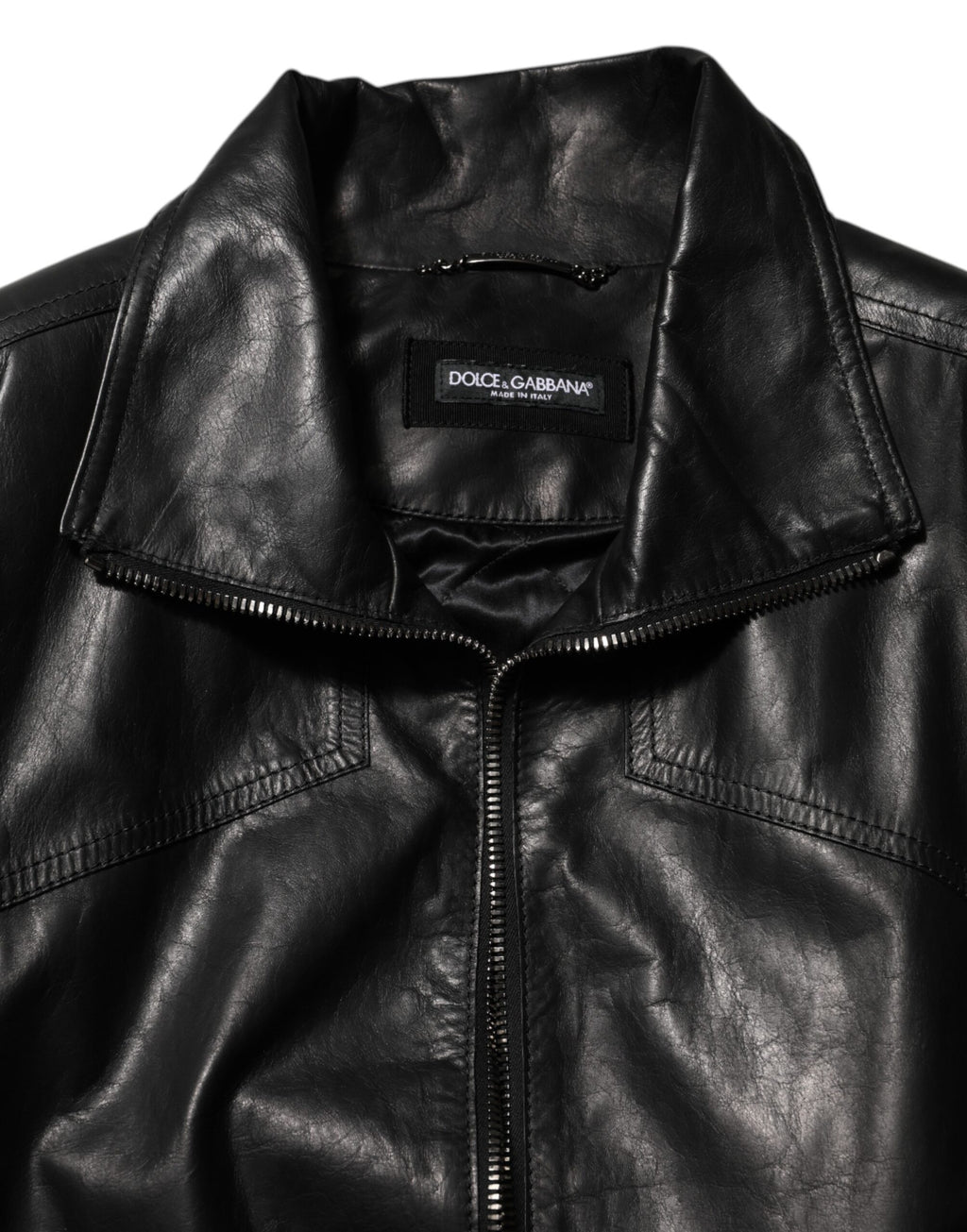 Dolce & Gabbana Black Leather Full-Zip Biker Blouson Jacket
