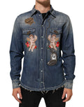 Dolce & Gabbana Blue Angel Patch Denim Button-Down Men's Shirt