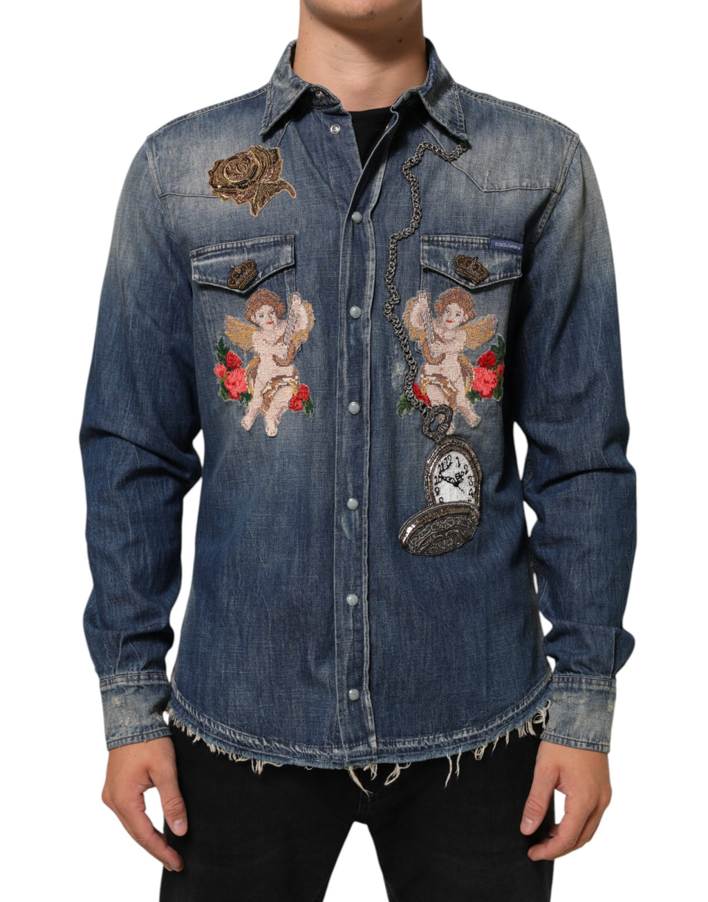 Dolce & Gabbana Blue Angel Patch Denim Button-Down Men's Shirt