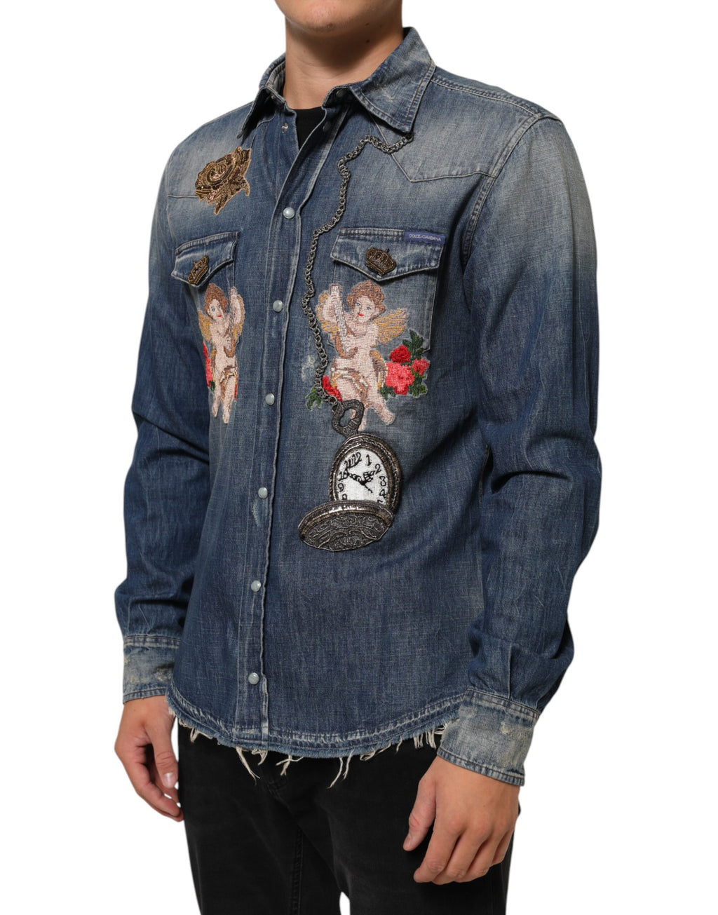 Dolce & Gabbana Blue Angel Patch Denim Button-Down Men's Shirt