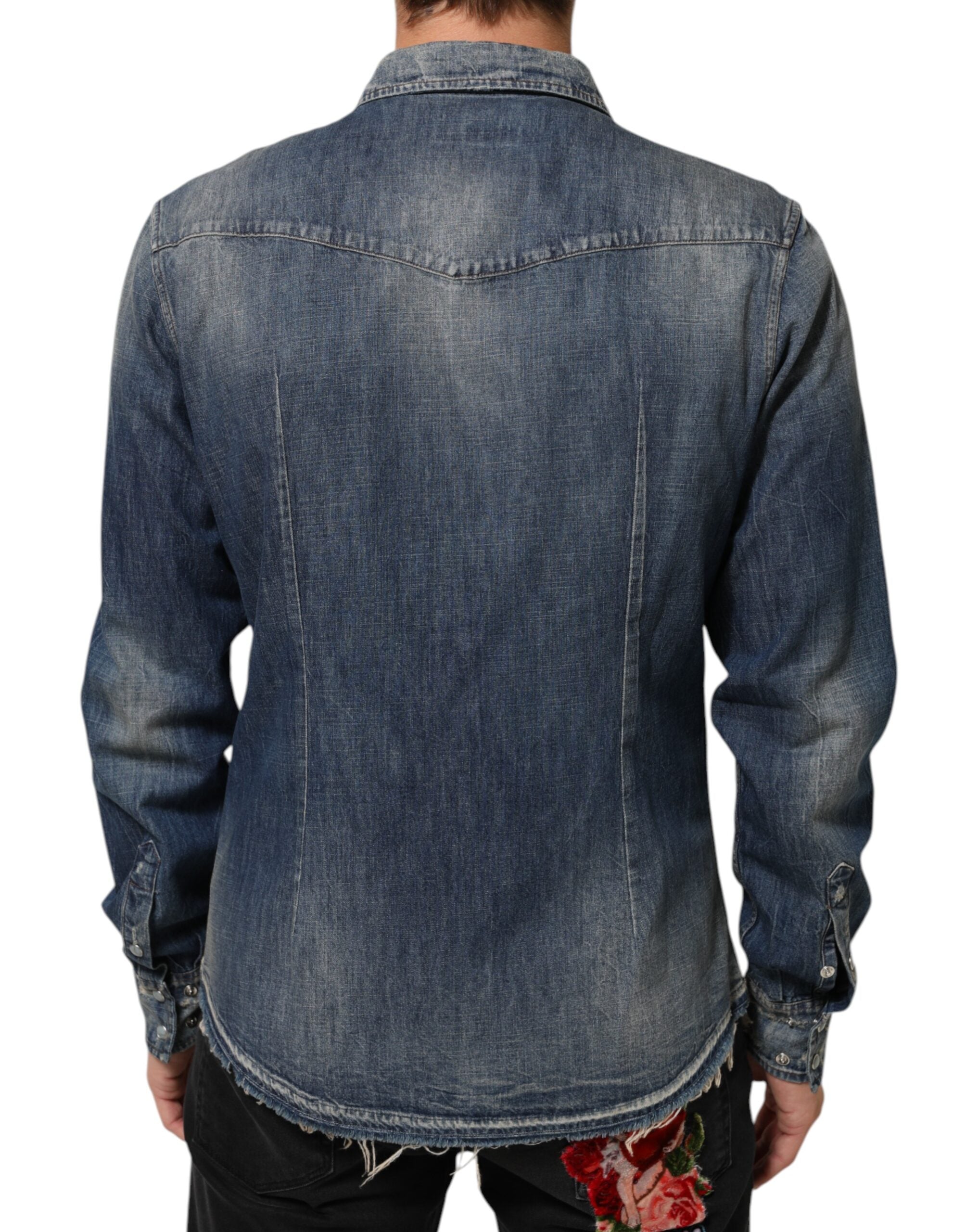 Dolce & Gabbana Blue Angel Patch Denim Button-Down Men's Shirt
