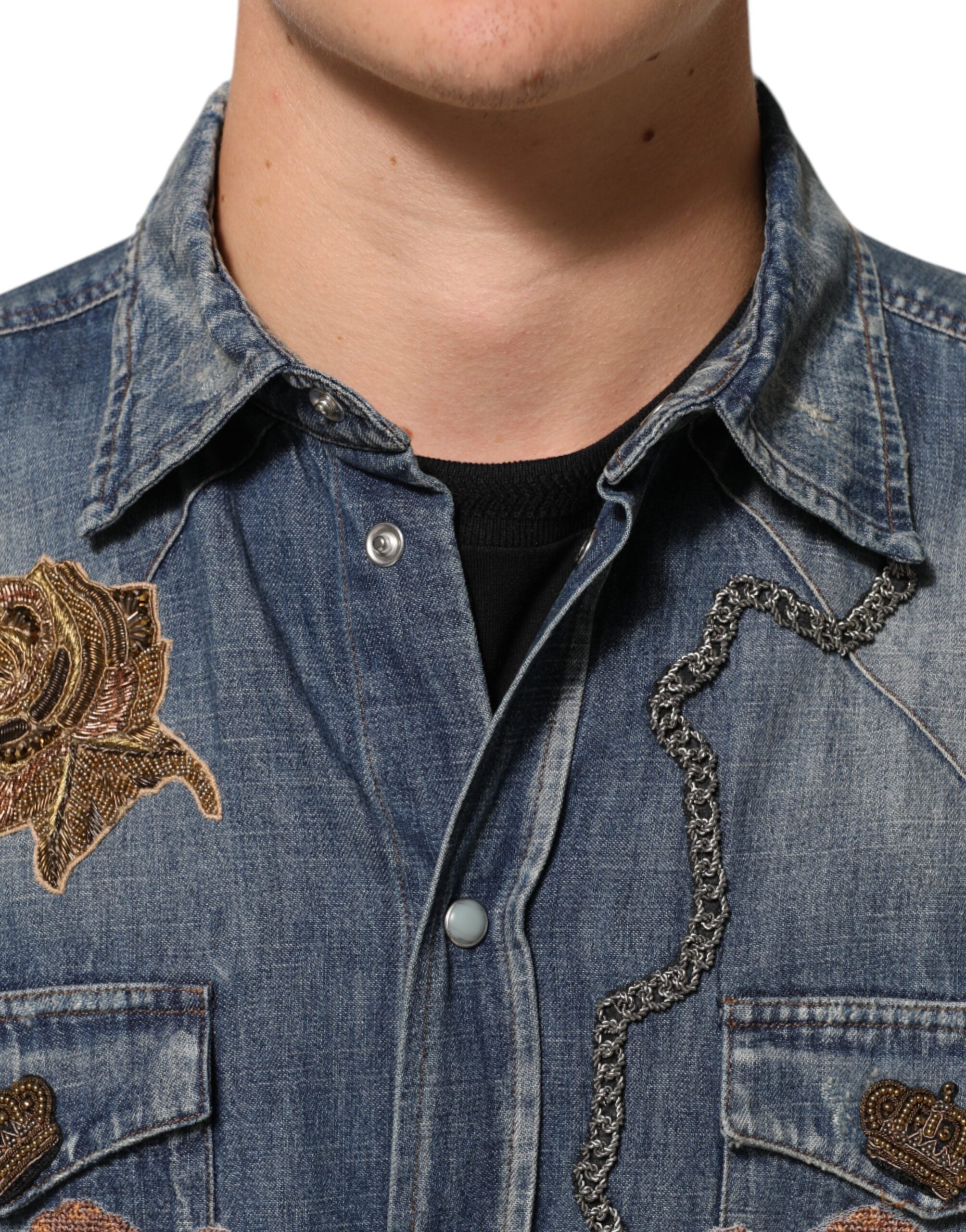 Dolce & Gabbana Blue Angel Patch Denim Button-Down Men's Shirt