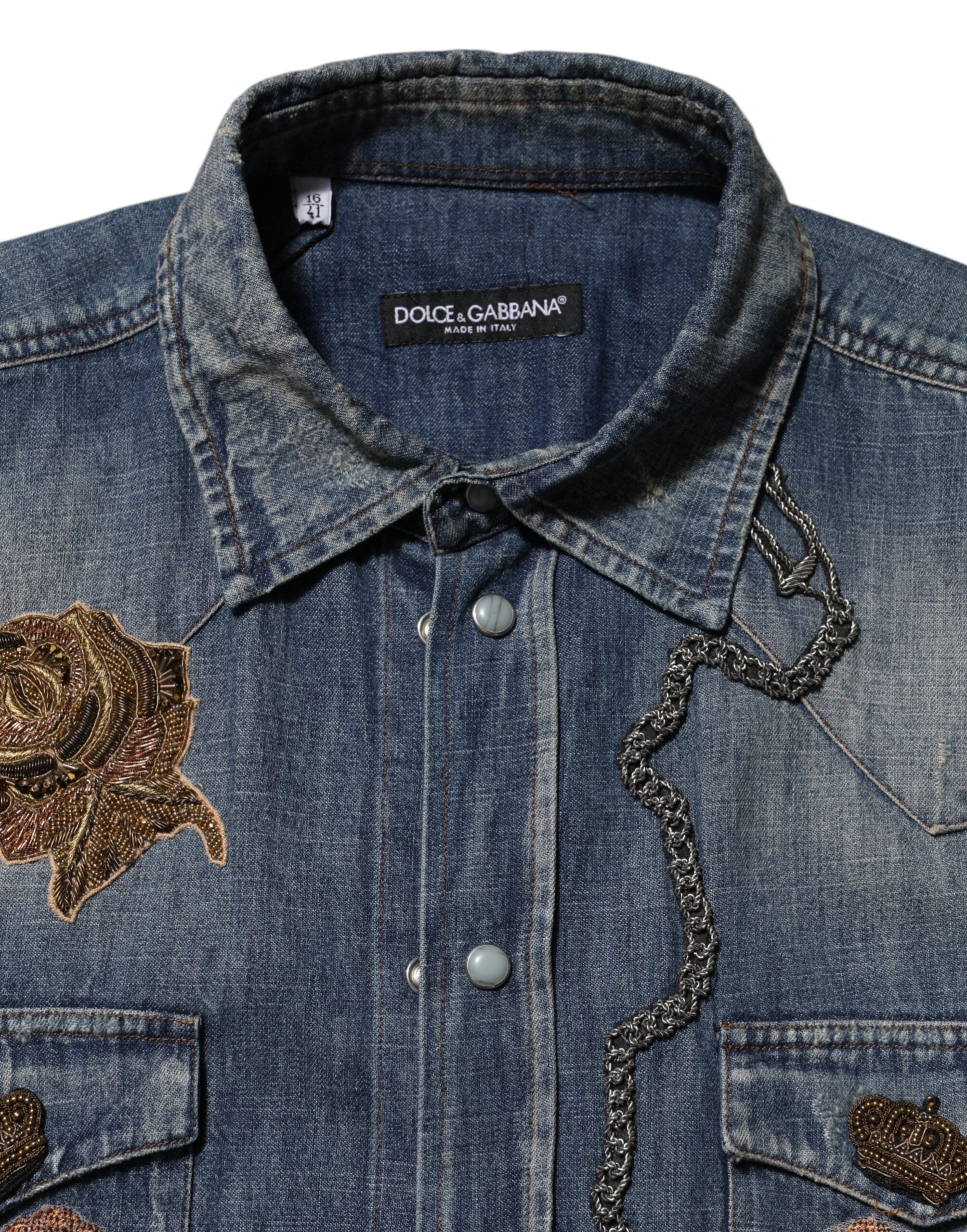 Dolce & Gabbana Blue Angel Patch Denim Button-Down Men's Shirt