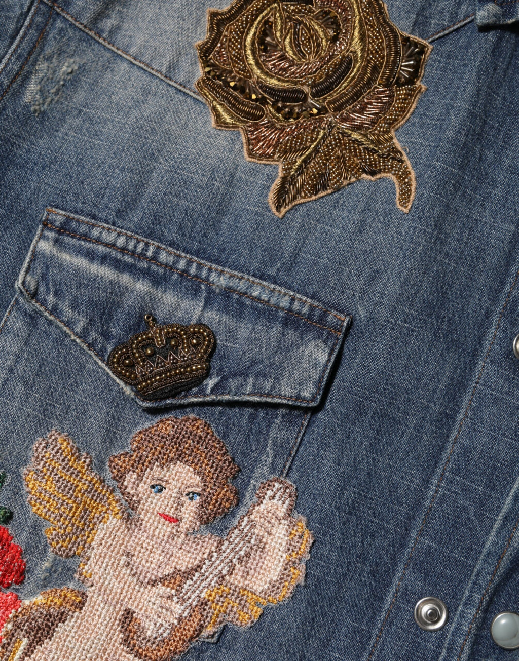 Dolce & Gabbana Blue Angel Patch Denim Button-Down Men's Shirt